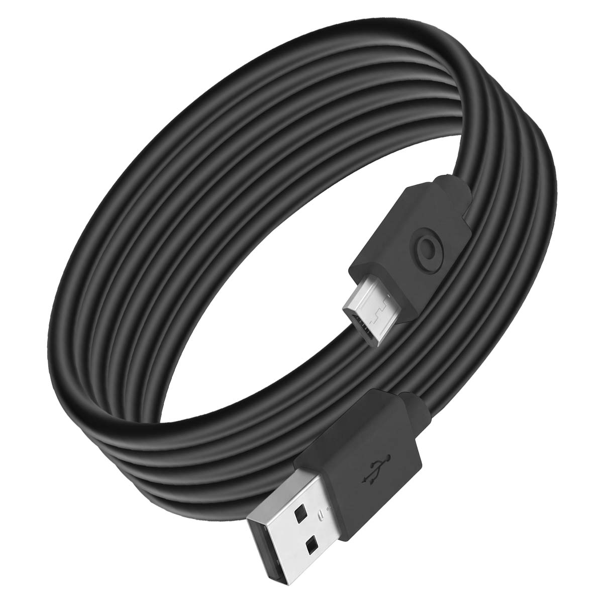 Un cavo USB nero arrotolato con un connettore USB-A e un micro-USB su sfondo bianco.