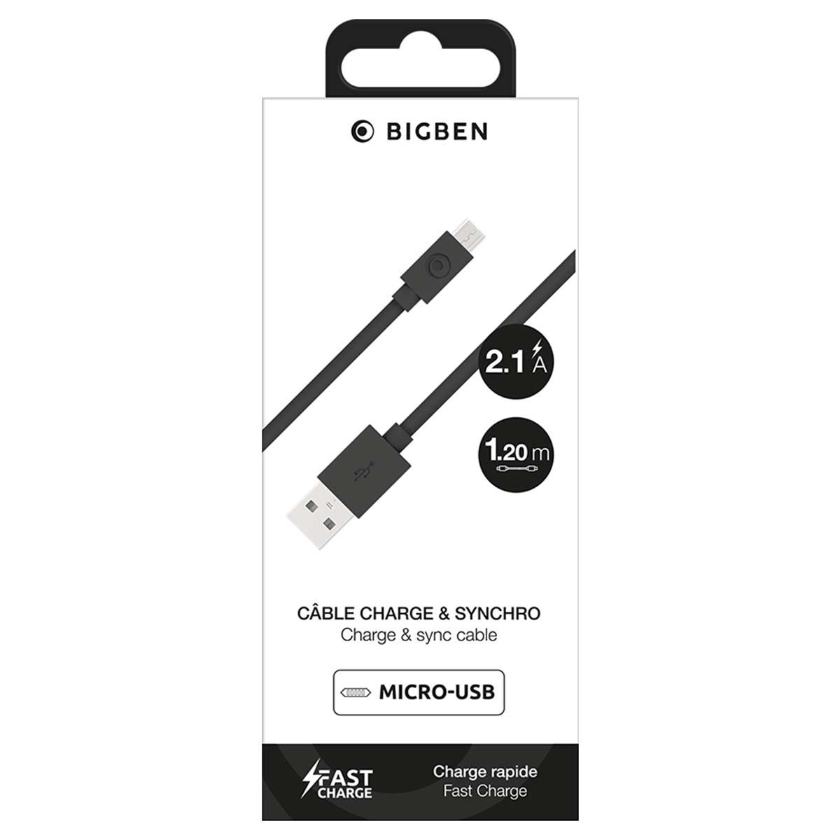 Confezione di un cavo di ricarica e sincronizzazione Micro-USB Bigben, 2,1A e 1,20m.