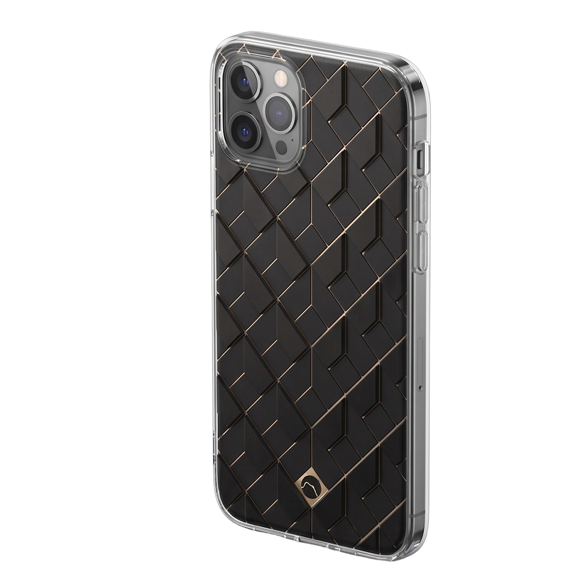 Smartphone in una custodia protettiva nera con motivo geometrico a rombi e dettagli dorati.