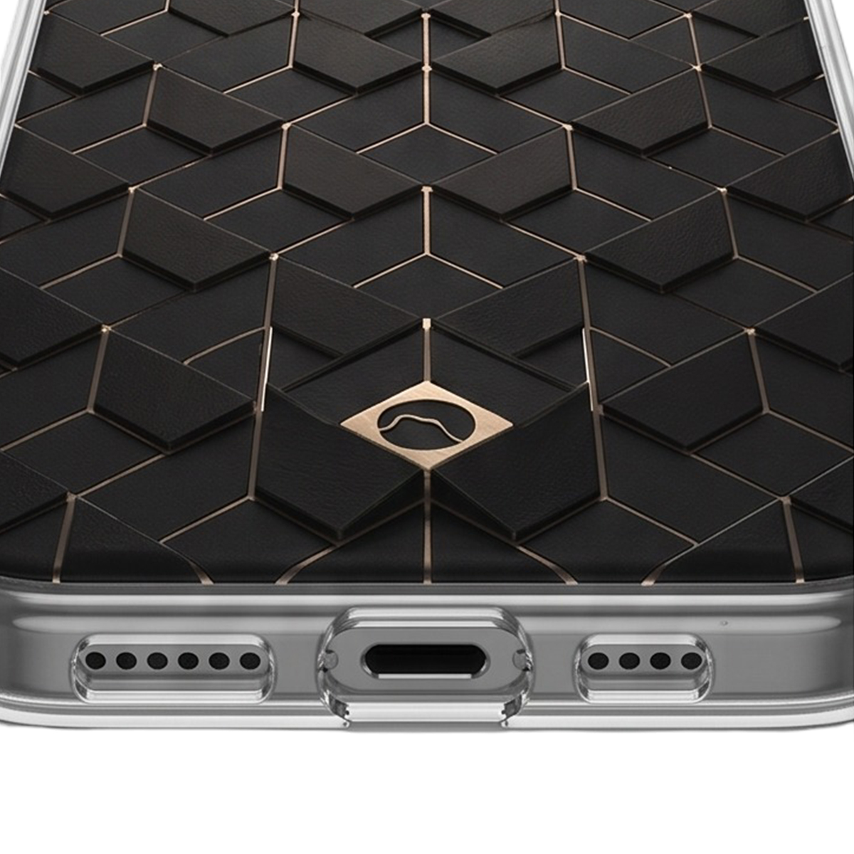 Parte inferiore di una custodia per smartphone con motivo geometrico nero, linee dorate e bordo trasparente.