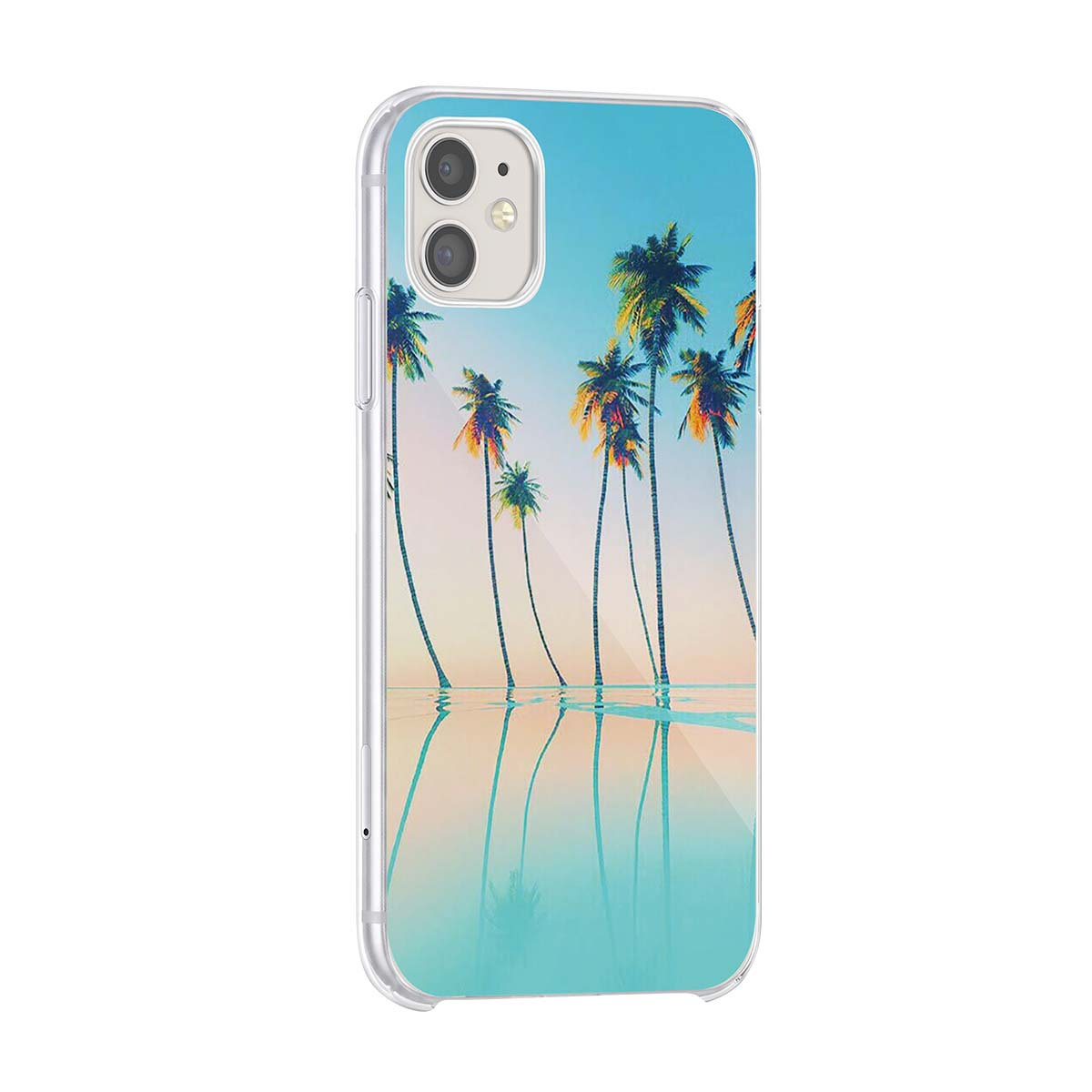 Cover per cellulare con spiaggia tropicale, palme e riflesso nell'acqua al tramonto.