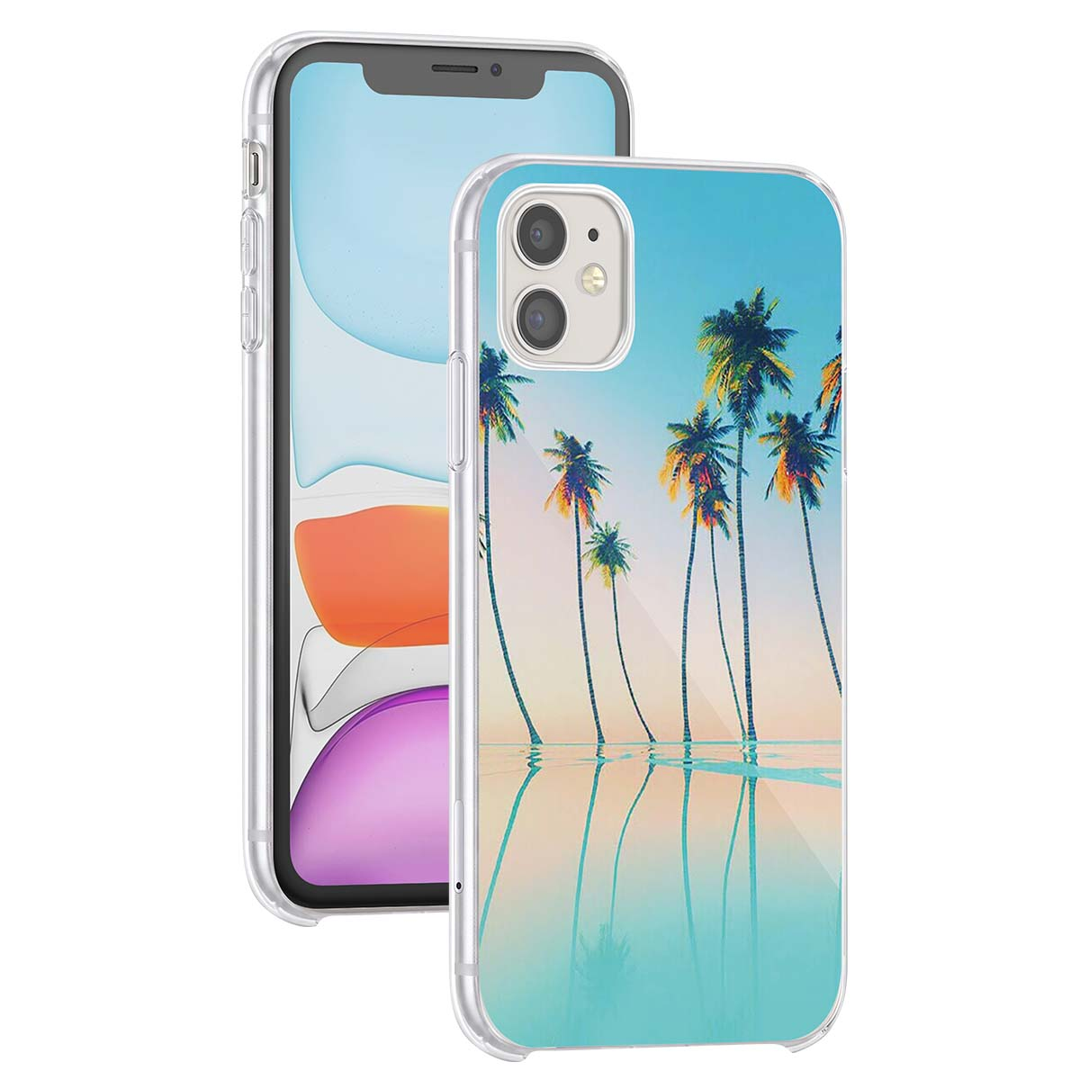 Custodia trasparente per telefono con design di palme tropicali su cielo azzurro.