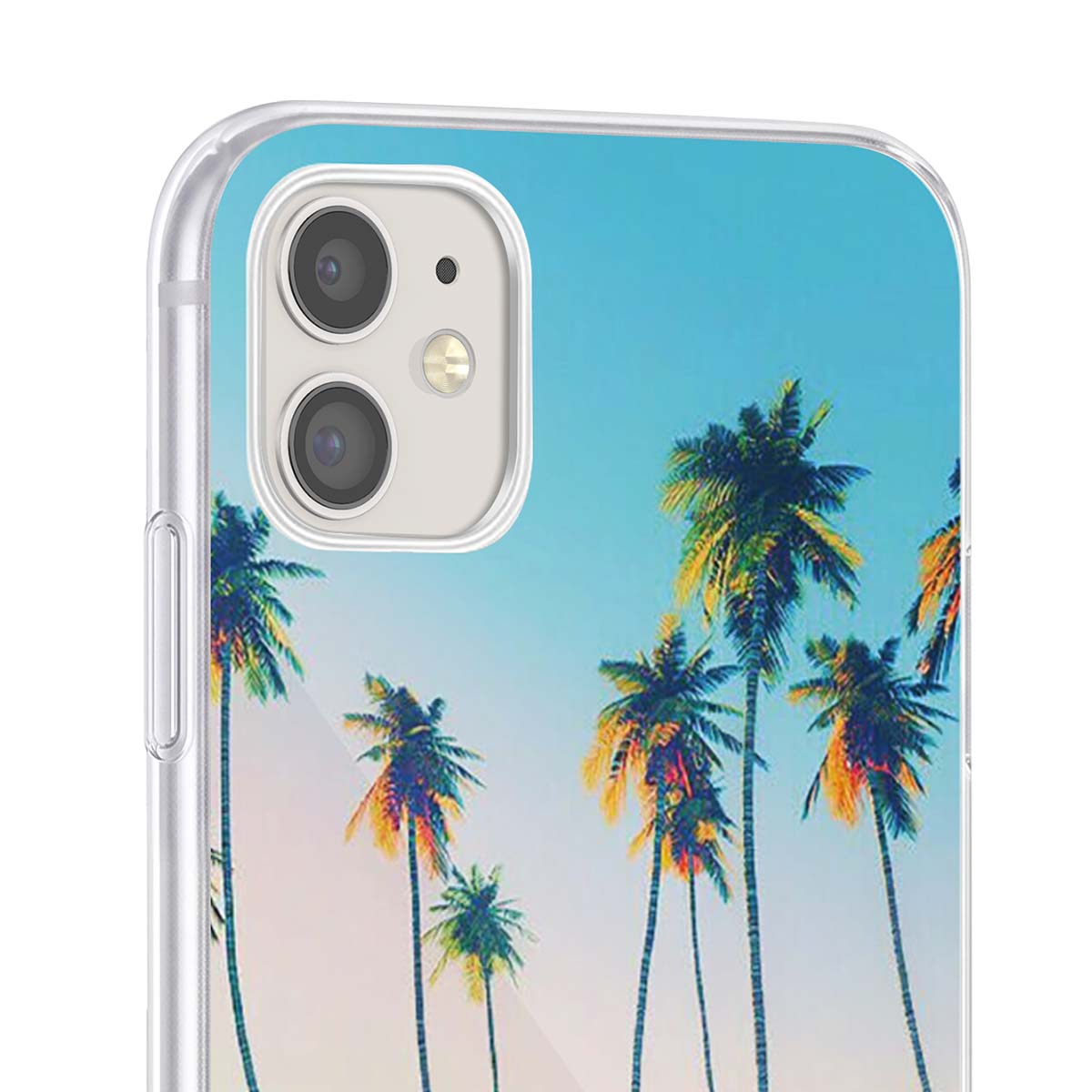 Custodia per telefono con palme tropicali su sfondo cielo azzurro.