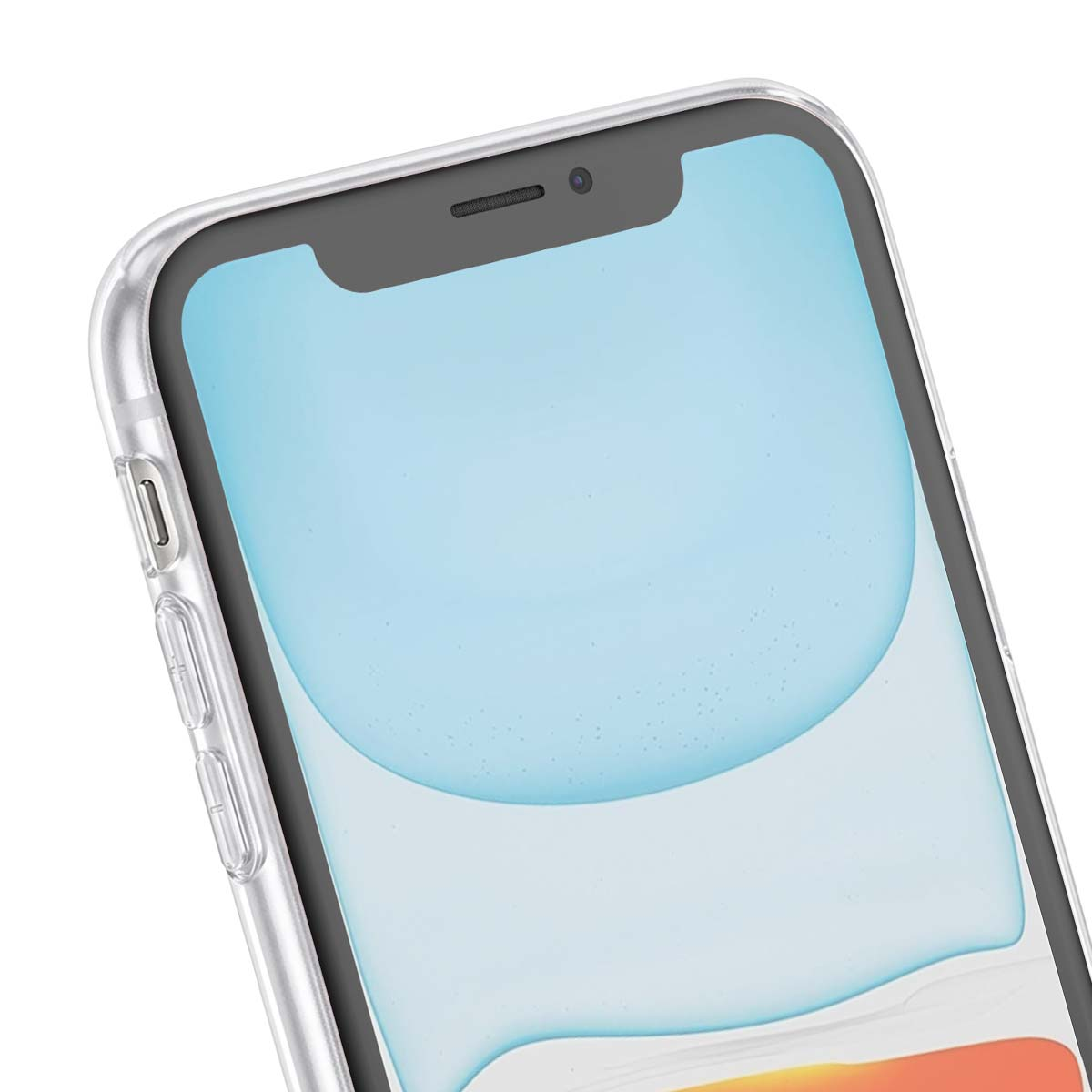 Primo piano di uno smartphone con custodia protettiva trasparente, schermo e tasti laterali.
