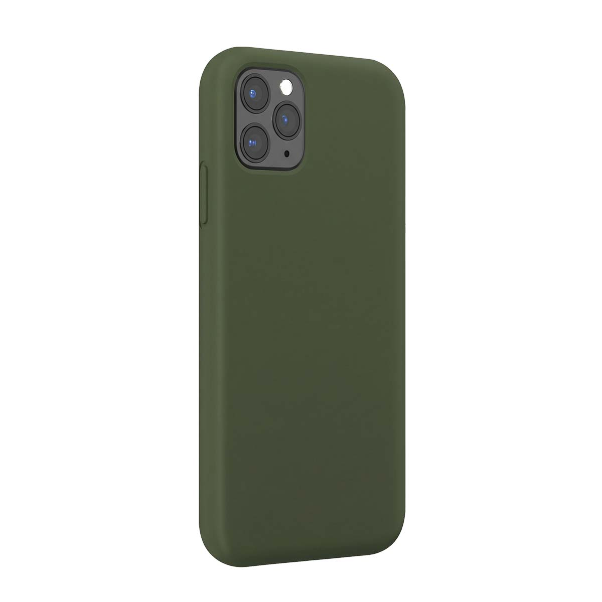 Uno smartphone in una cover in silicone verde scuro opaco, con tripla fotocamera.