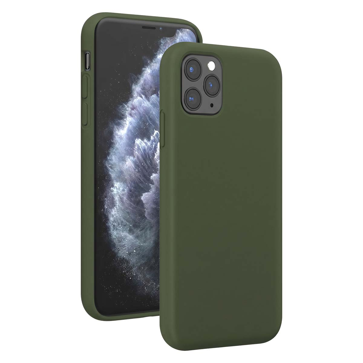Uno smartphone verde oliva in una custodia protettiva con tripla fotocamera.