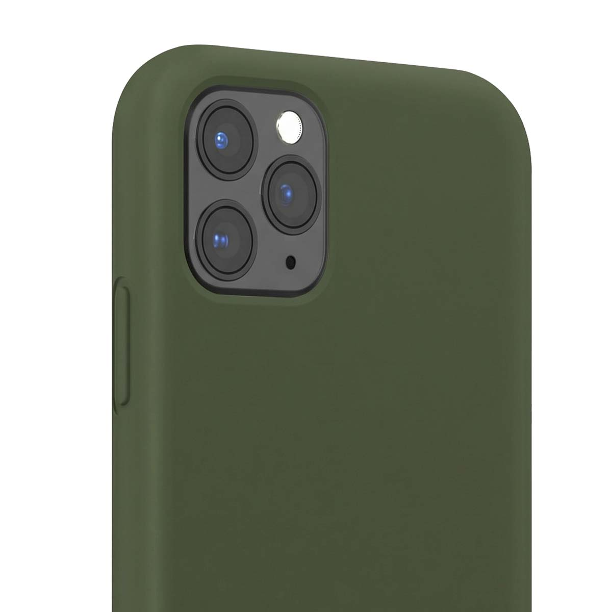 Una cover per smartphone verde mostra il modulo fotocamera quadrato con tre lenti e un flash sul retro.