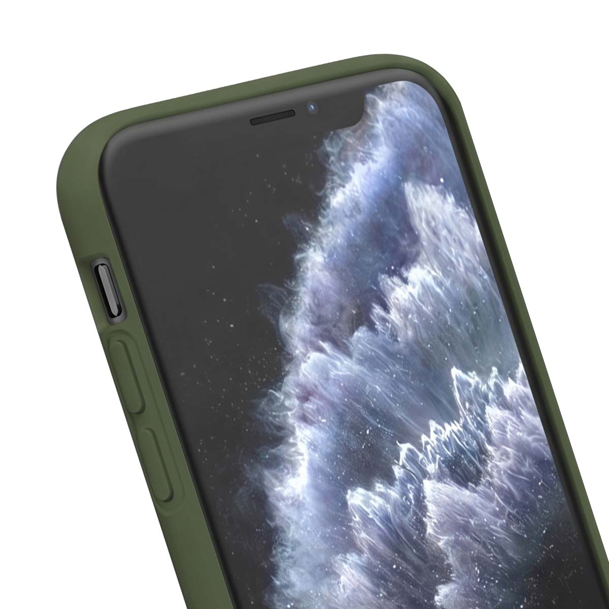 Una custodia verde per smartphone su sfondo bianco con tasti laterali visibili.