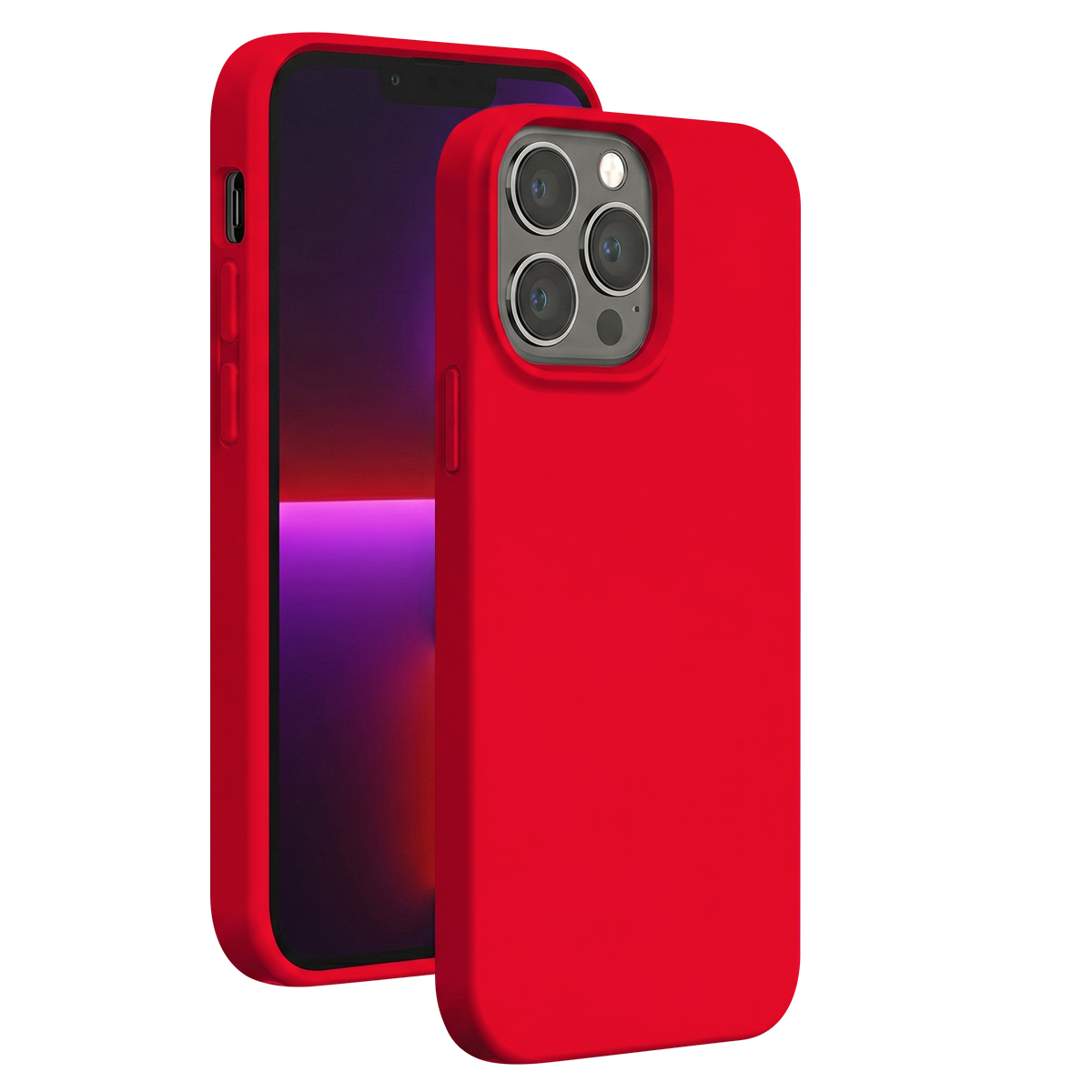 Due viste di una custodia rossa per smartphone, che mostrano il retro con tripla fotocamera e lo schermo anteriore su sfondo bianco.