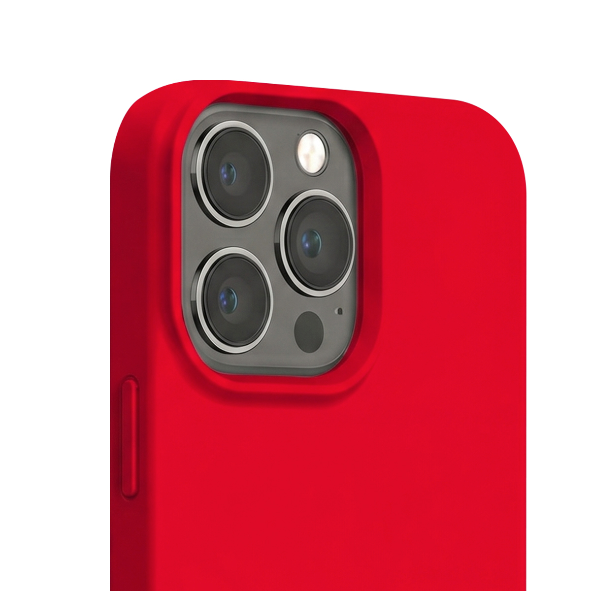 Retro di uno smartphone rosso con tre obiettivi per fotocamera e un flash su sfondo bianco.