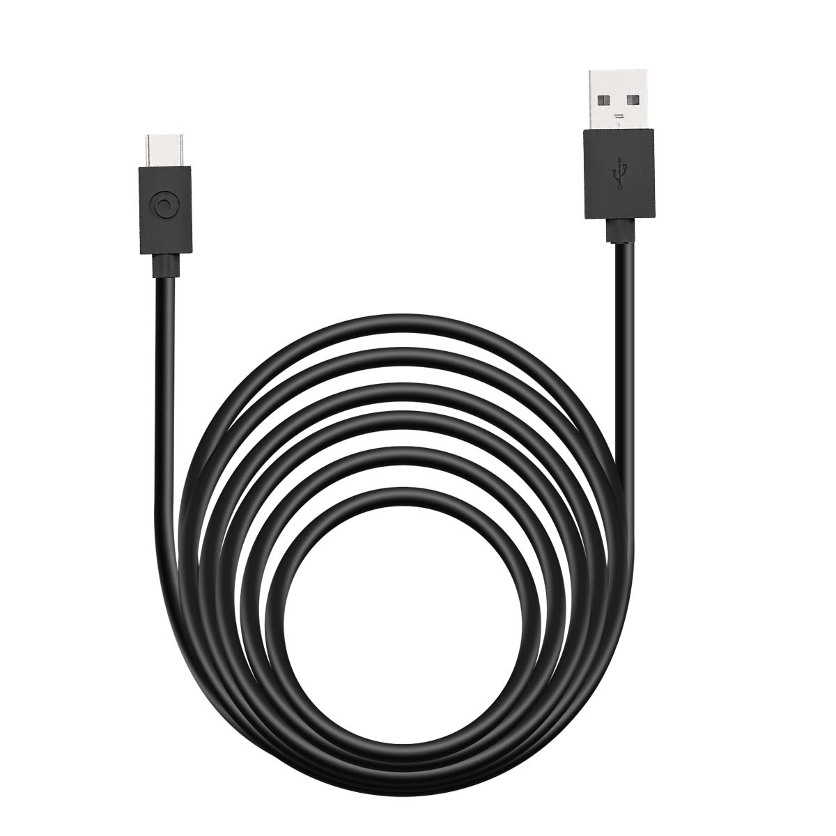 Un cavo USB nero con un connettore Type-C a sinistra e un connettore USB-A a destra, su sfondo bianco.