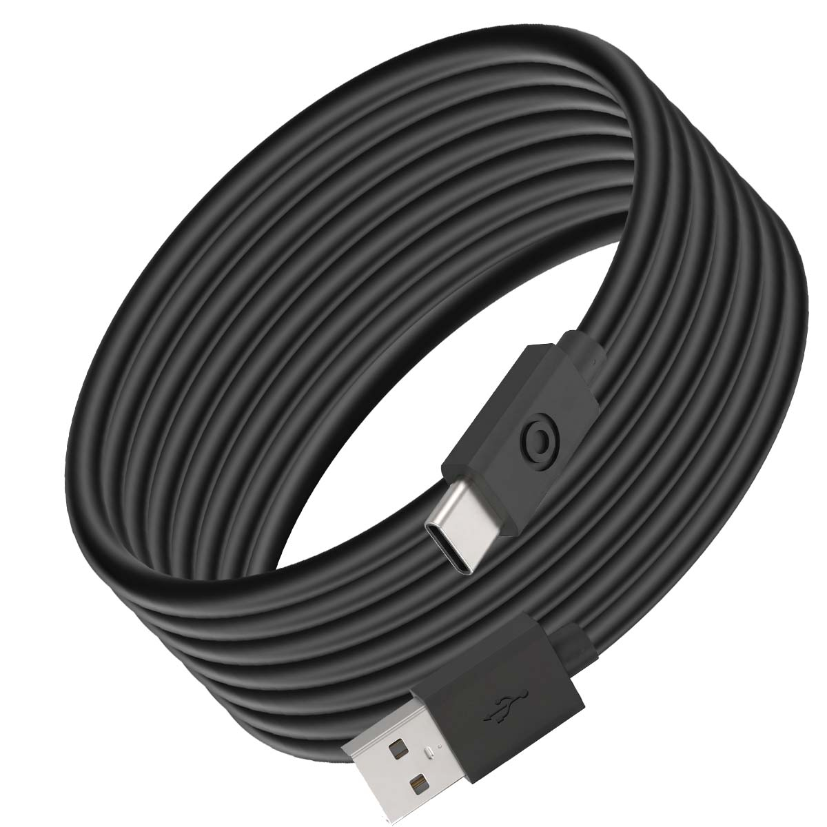 Un cavo USB nero ordinatamente arrotolato con connettori USB-A e USB-C su sfondo bianco.