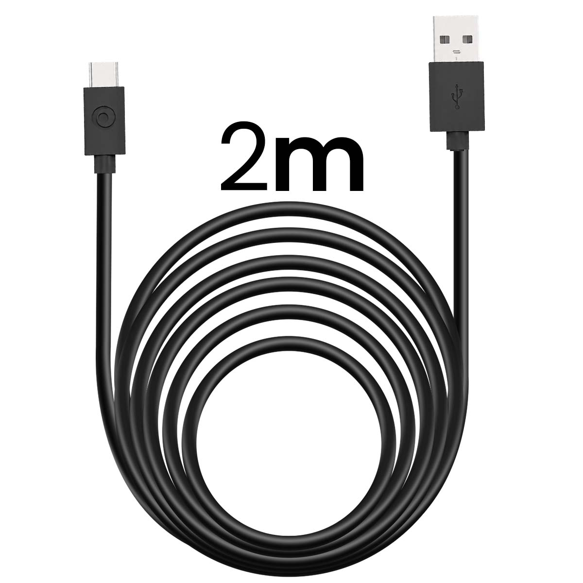 Un cavo USB nero da 2m con connettori USB-C e USB-A su sfondo bianco.