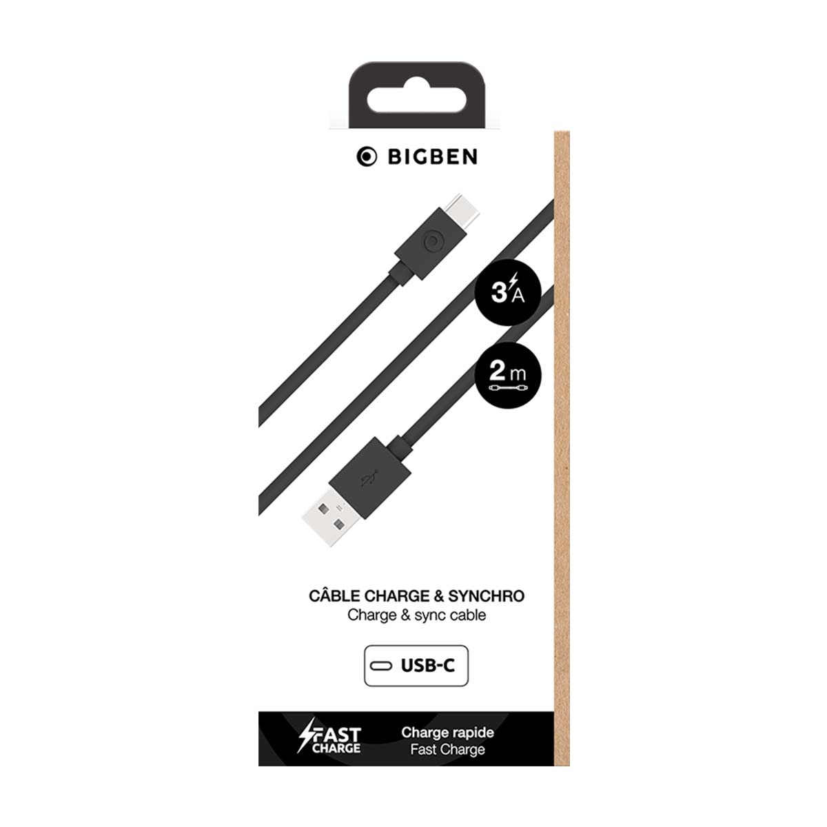 Scatola cavo di ricarica e sincronizzazione USB-C Bigben, con indicatori 3A e 2m.