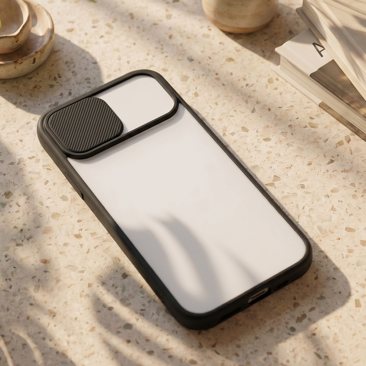Uno smartphone in una custodia bianca e nera poggia su un tavolo di pietra con libri e ceramiche.