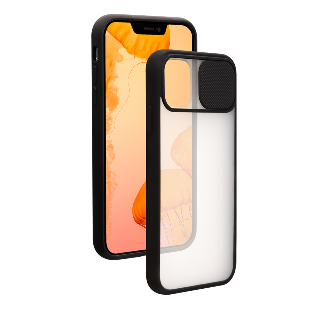 Uno smartphone con schermo arancione e una cover protettiva nera separata con cursore per fotocamera.