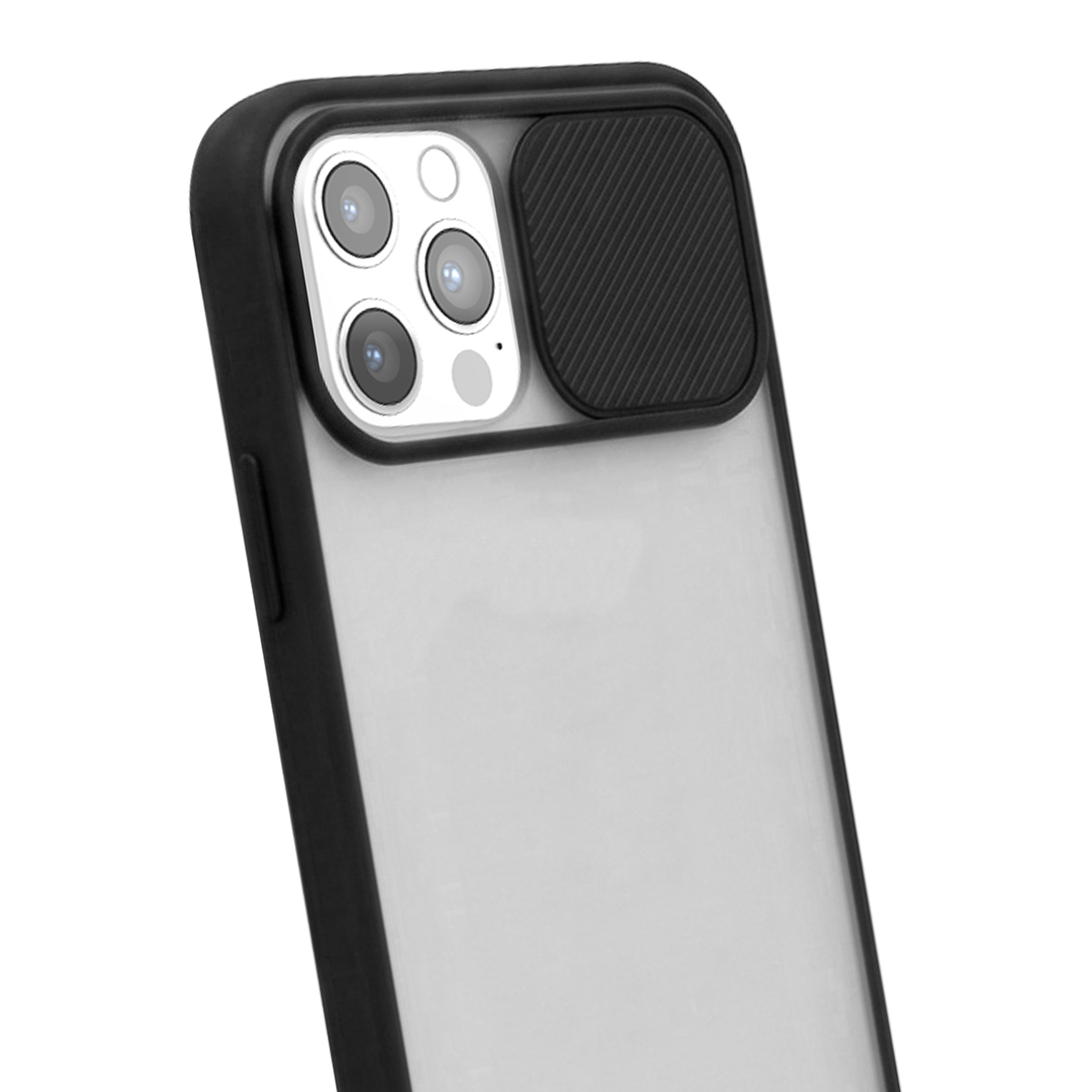 Una custodia nera per smartphone con retro trasparente e copriobiettivo scorrevole.
