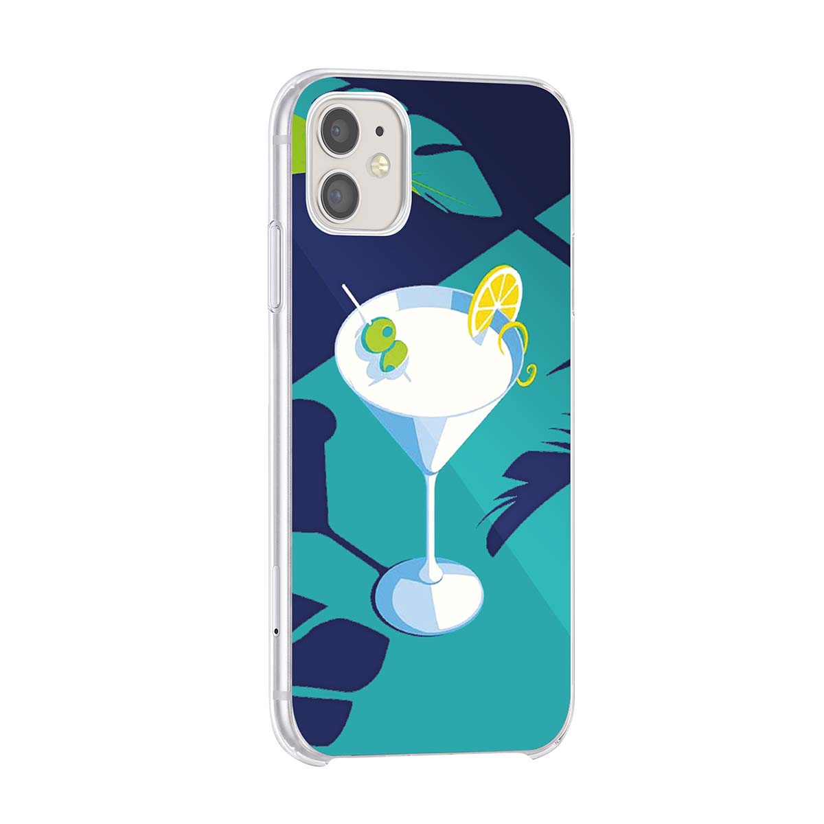 Custodia per telefono con coppa martini, olive e fetta di limone su sfondo blu-turchese con ombre di foglie.