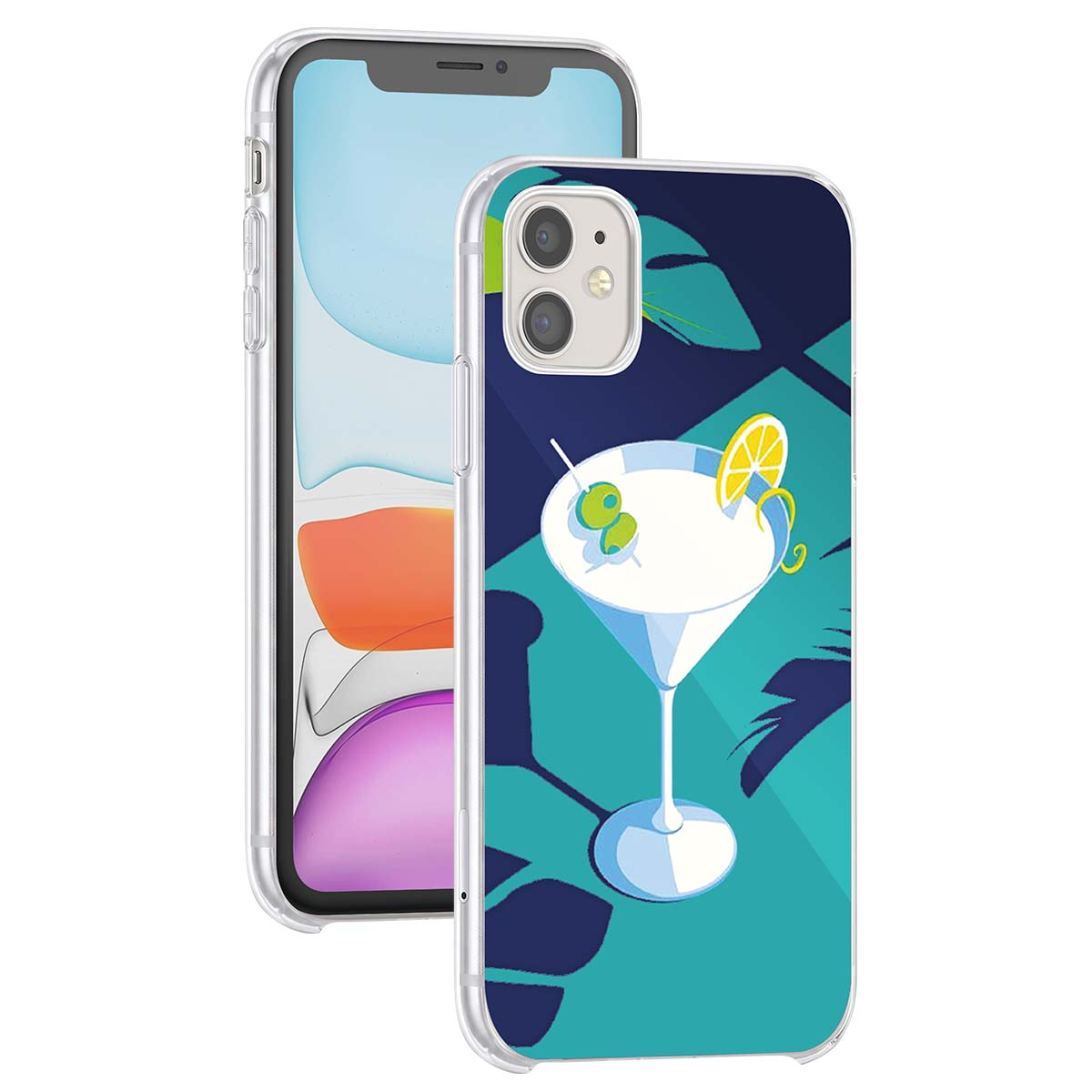 Una cover trasparente mostra una grafica di martini con olive e una fetta di limone su sfondo tropicale.