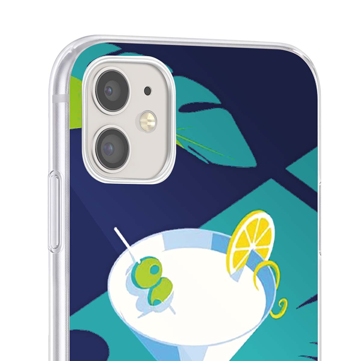 Una cover trasparente per telefono mostra un bicchiere da martini tropicale con olive e limone.
