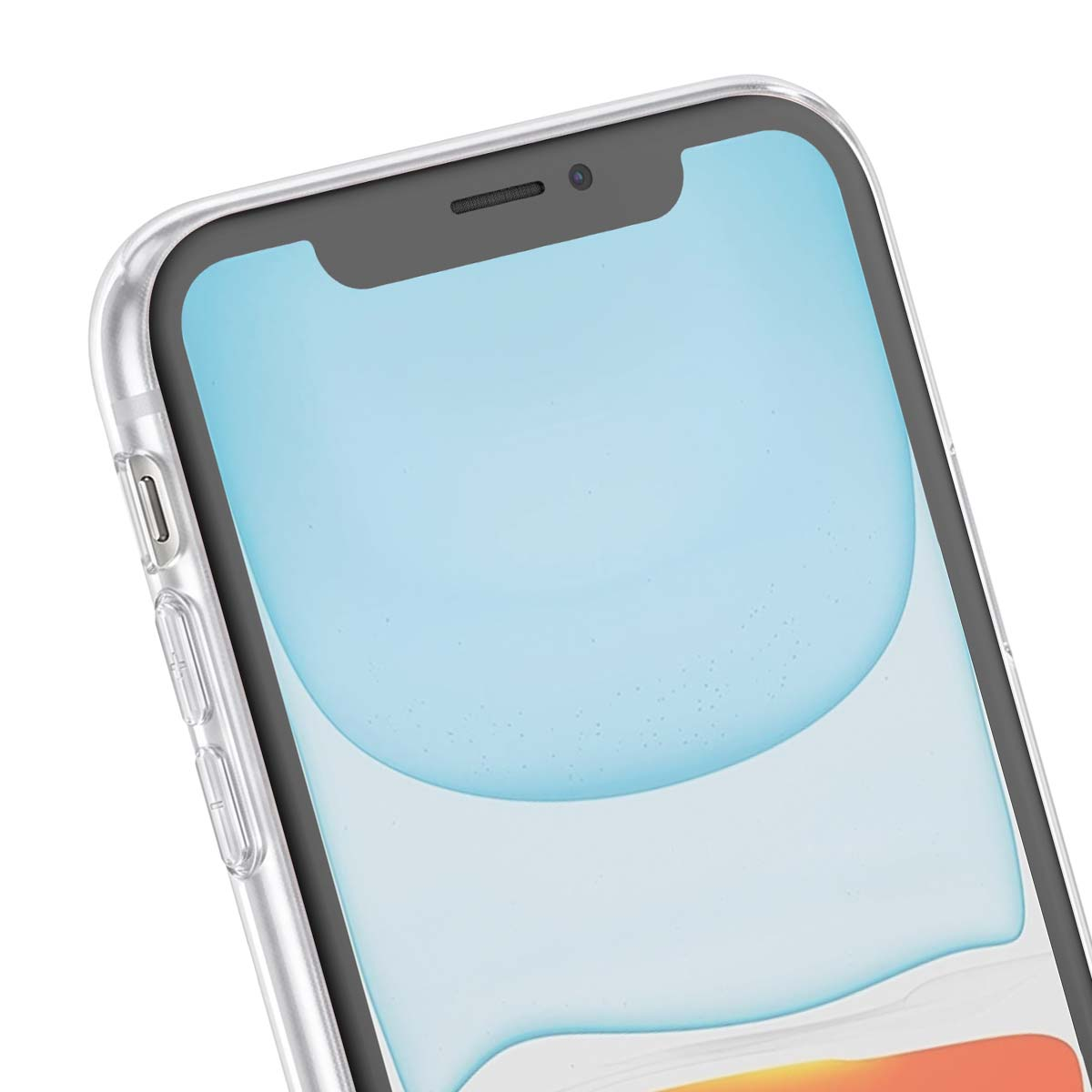 Primo piano della parte anteriore di uno smartphone in una custodia protettiva trasparente su sfondo bianco.