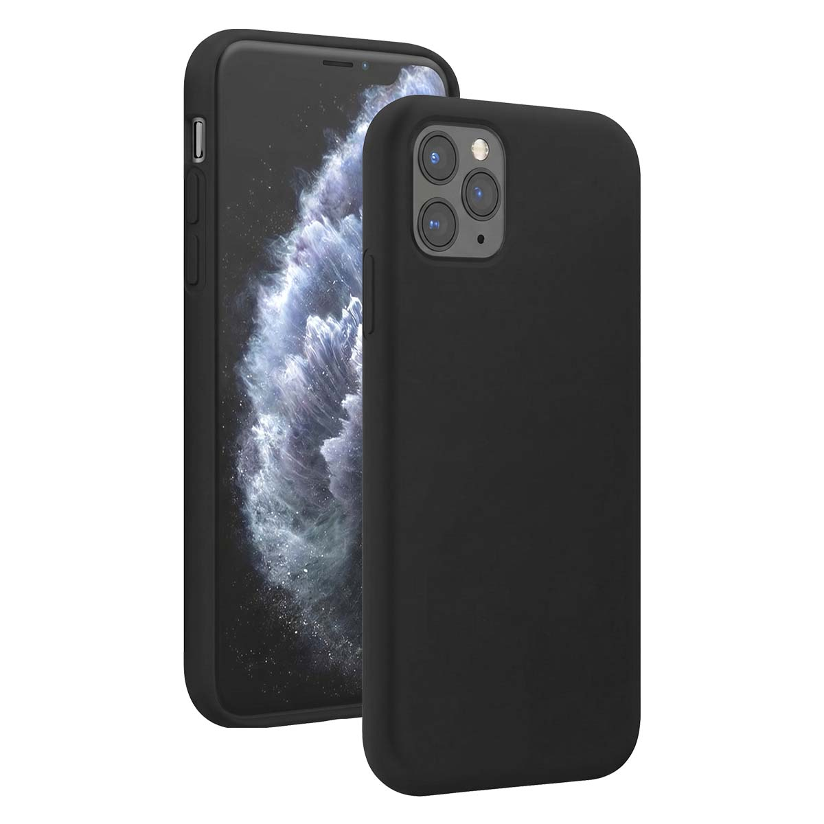 Uno smartphone nero in una custodia protettiva mostra la vista anteriore e posteriore su sfondo bianco.