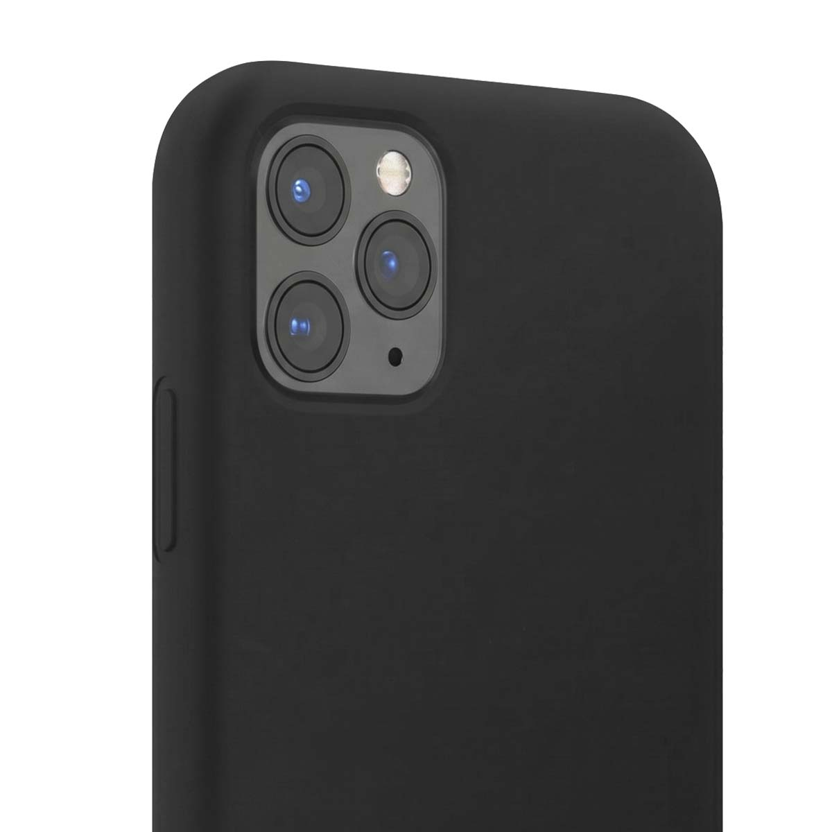Primo piano del retro di una custodia per smartphone nera, che mostra un modulo a tripla fotocamera con flash e un pulsante laterale.