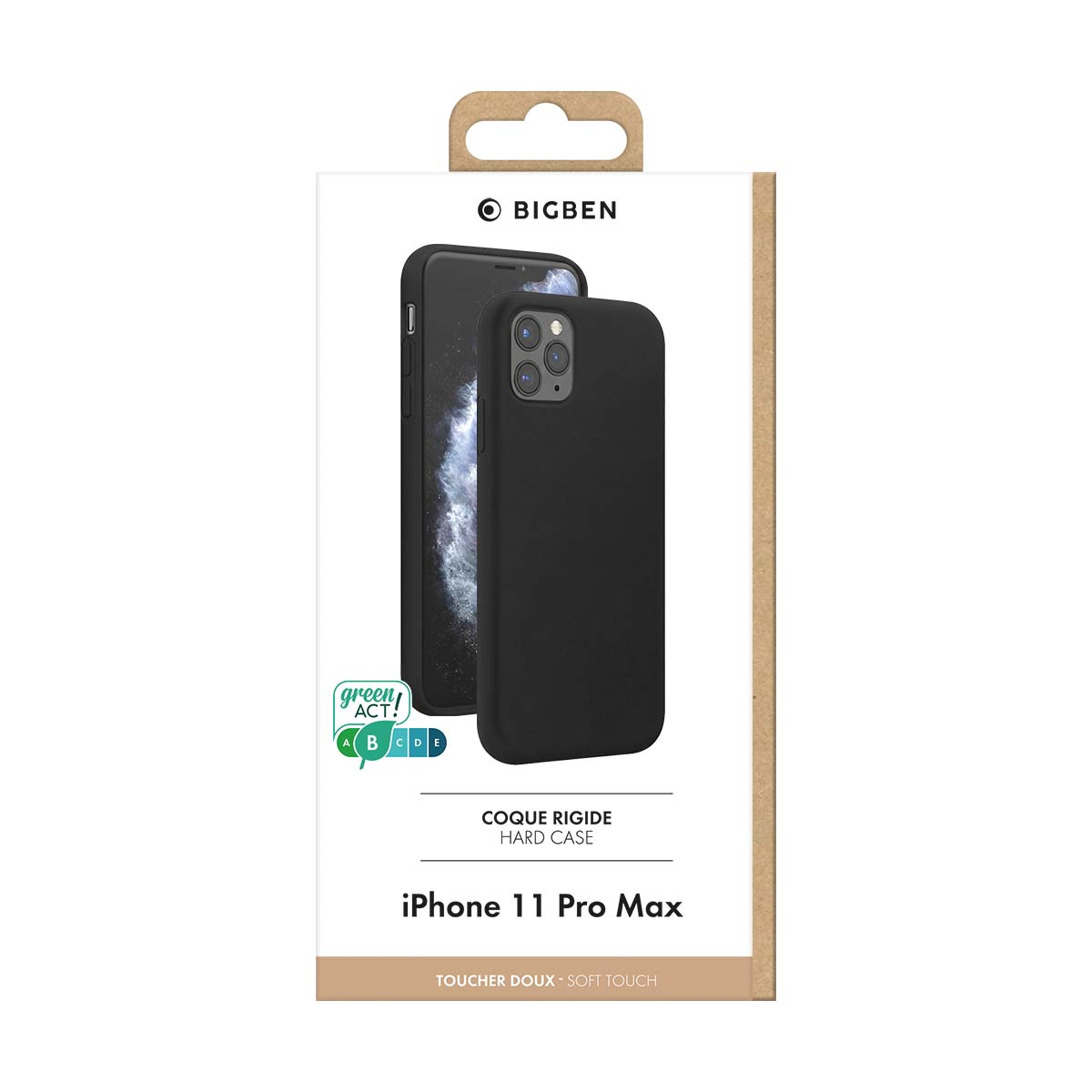 Confezione per cover rigida nera iPhone 11 Pro Max, con logo Bigben e rating green act.