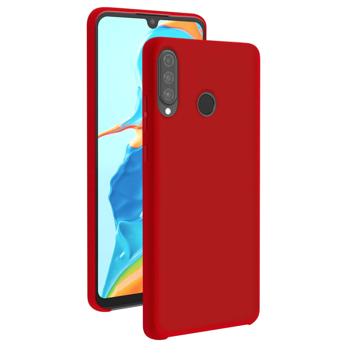 Due smartphone rossi con custodie protettive, uno mostra la parte anteriore e uno il retro con tre fotocamere.