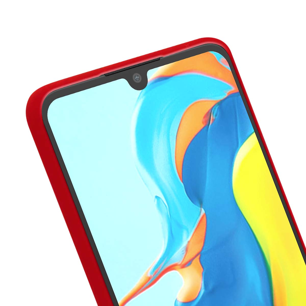 Primo piano dell'angolo superiore di uno smartphone rosso con fotocamera a goccia e sfondo colorato.