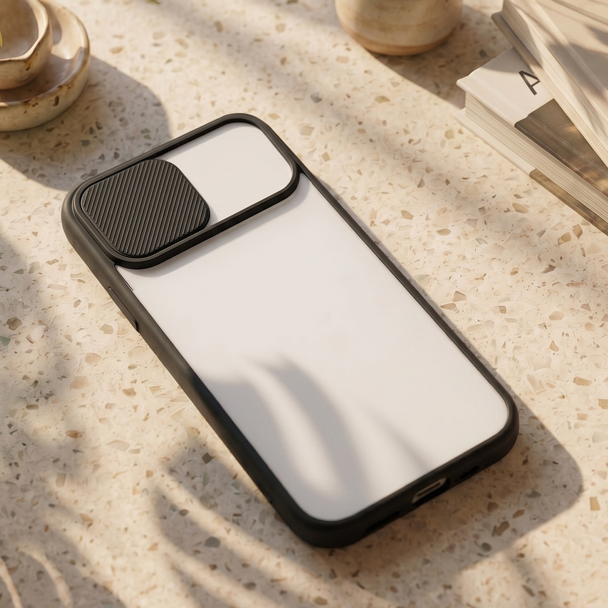 Ein weißes Smartphone in einer schwarzen Schutzhülle mit verschiebbarer Kameraabdeckung liegt auf einer gemusterten Steinplatte.