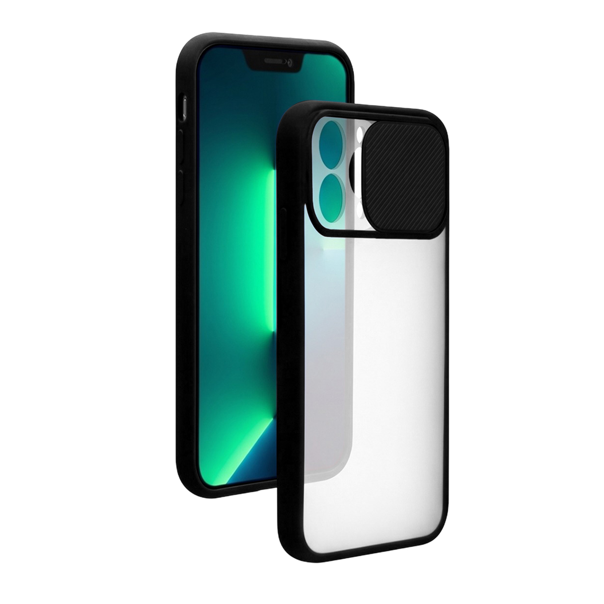 Ein Smartphone in einer schwarzen Schutzhülle mit verschließbarer Kameraabdeckung auf weißem Hintergrund.