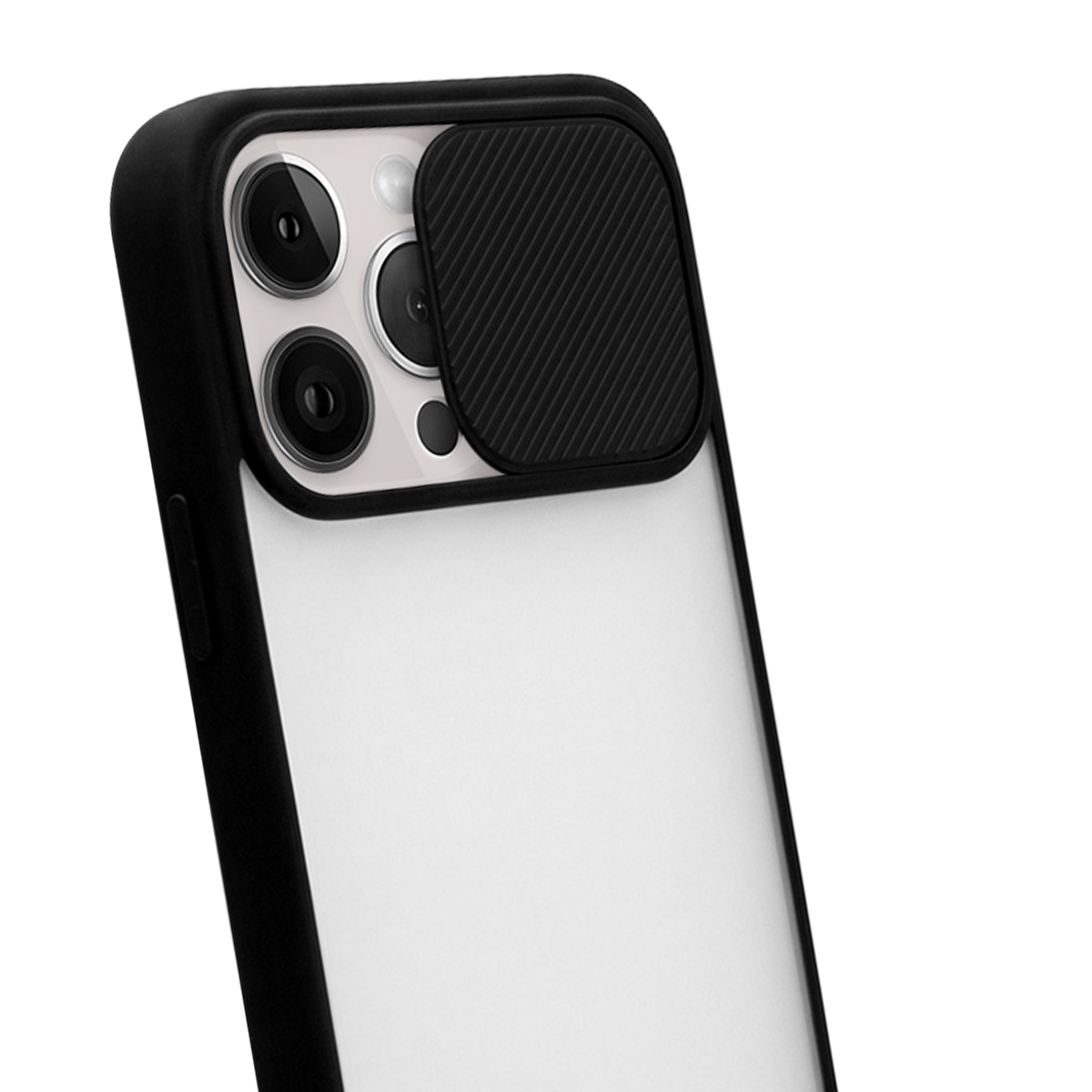 Ein Smartphone in einer Schutzhülle mit einer schwarzen Schiebeabdeckung für die Rückkamera.