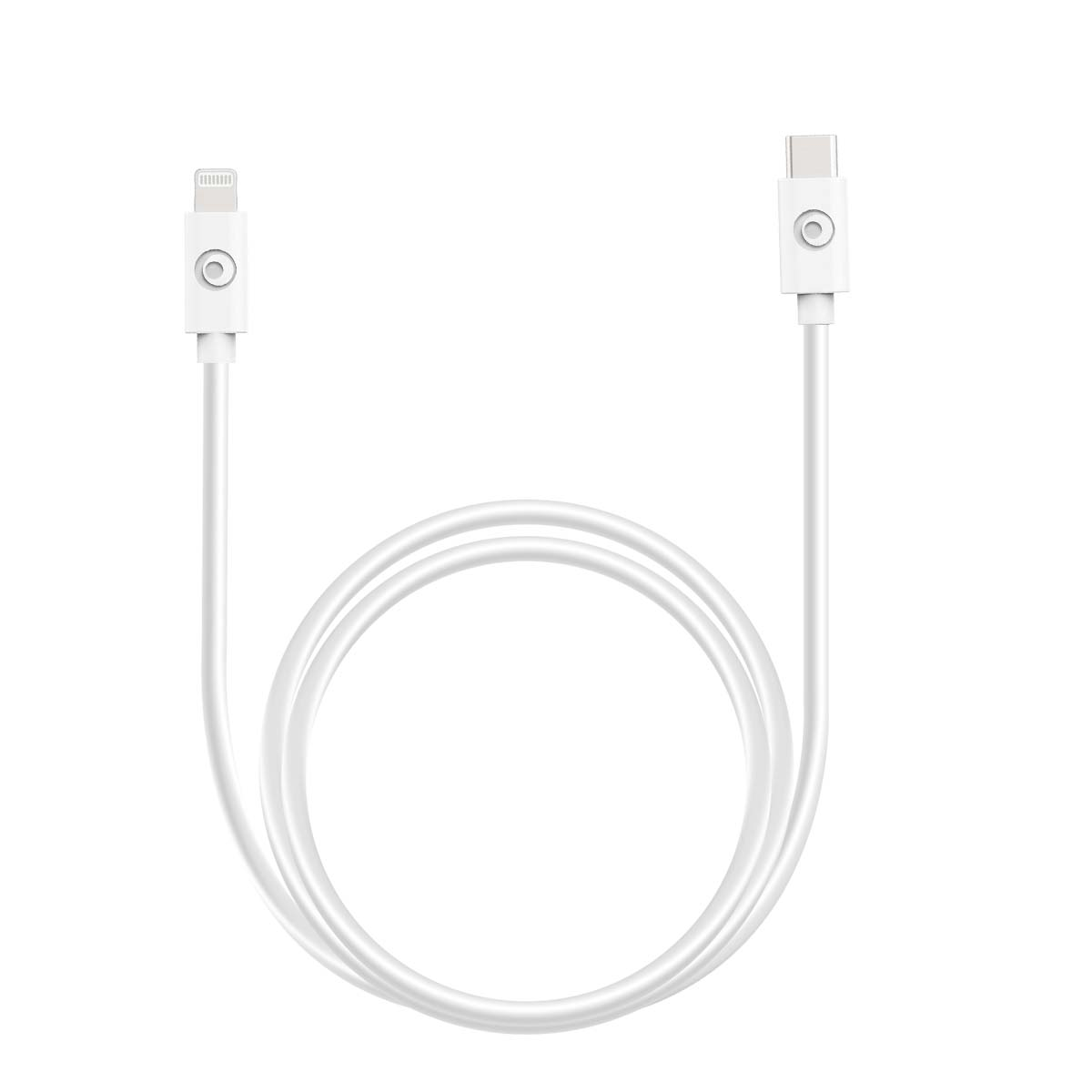 Un cavo di ricarica bianco con un connettore Lightning a un'estremità e un connettore USB-C all'altra, arrotolato al centro.