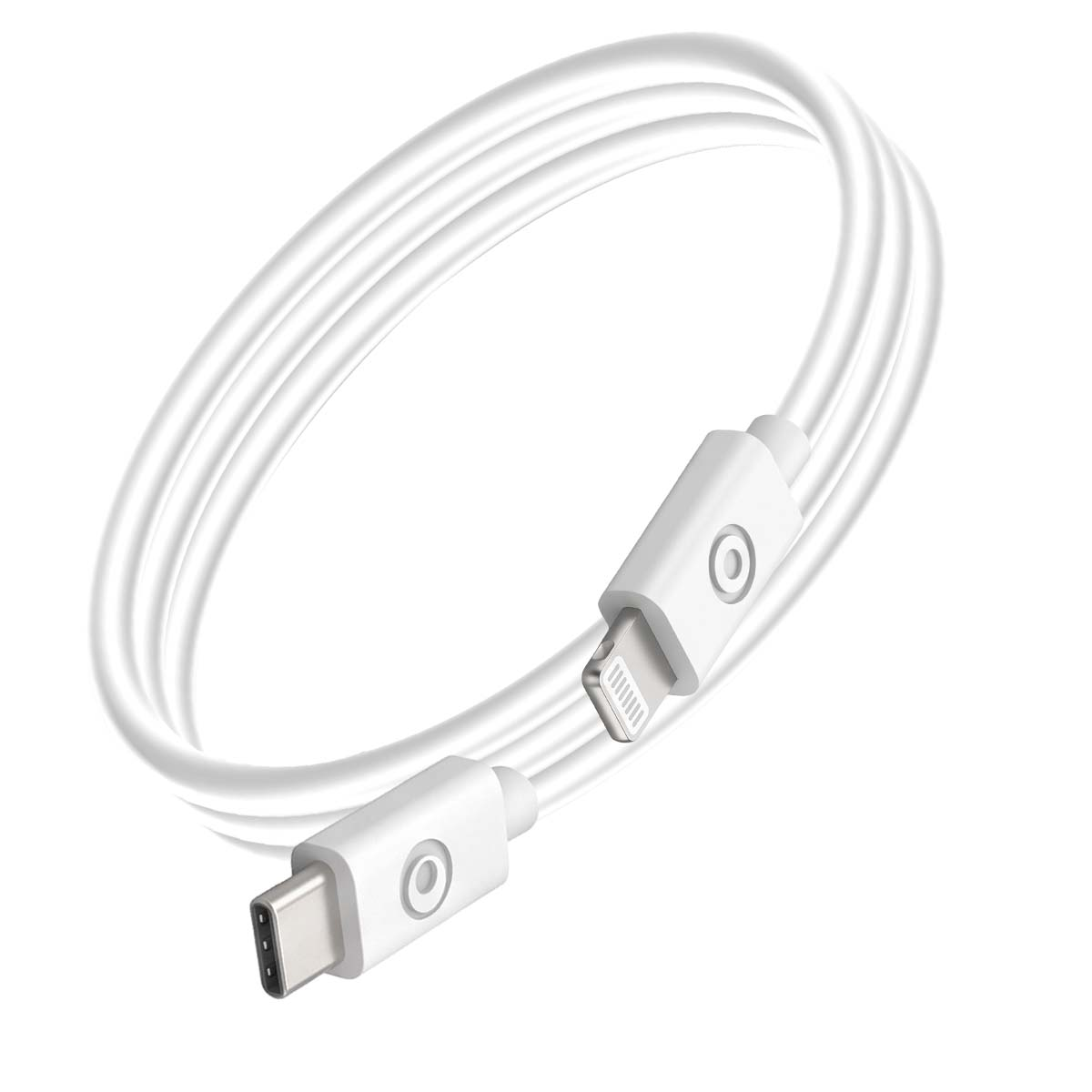 Un cavo di ricarica bianco arrotolato con connettore USB-C e Lightning.