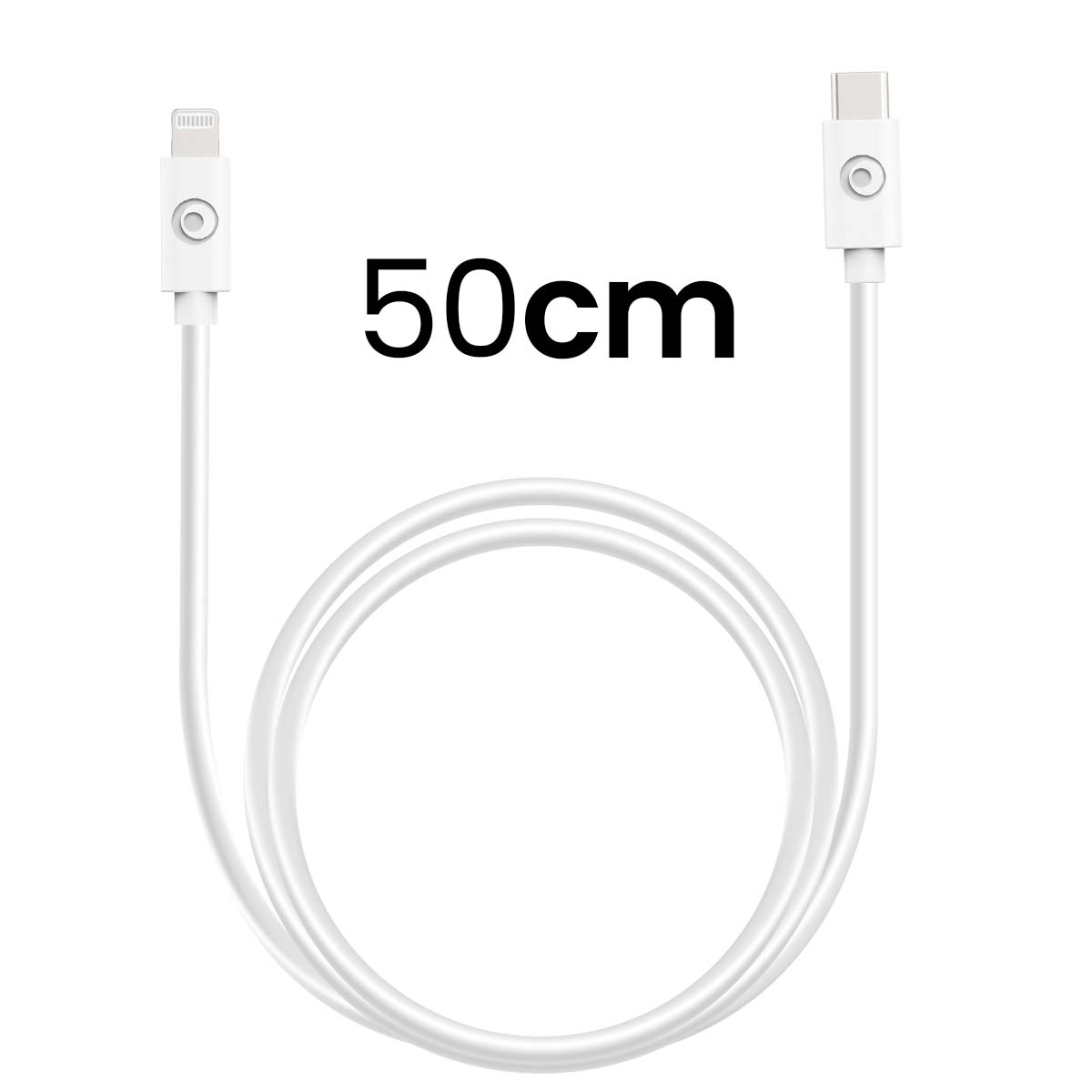 Un cavo bianco da USB-C a Lightning di 50 cm su sfondo bianco.