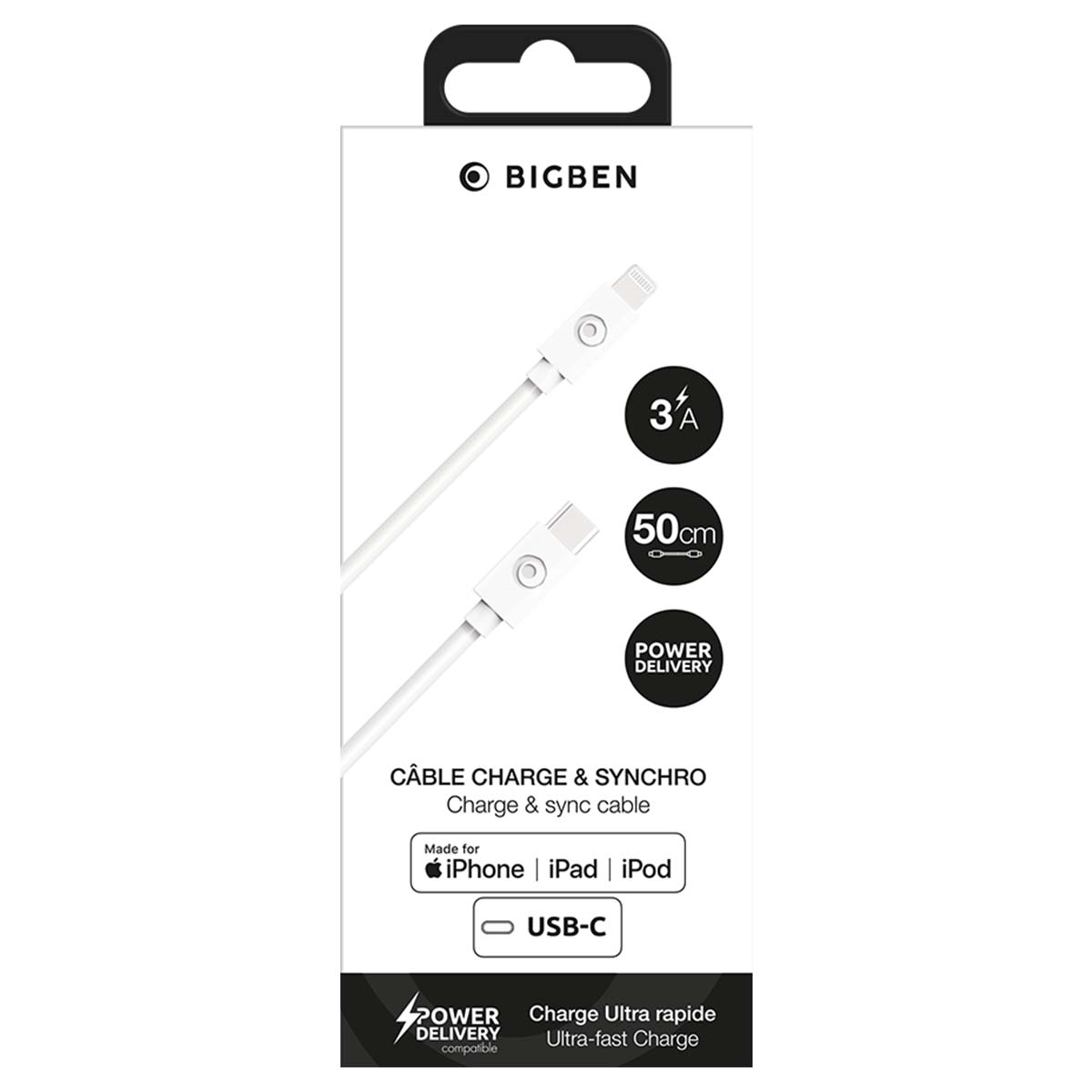 Confezione bianca per cavo di ricarica e sincronizzazione Bigben con icone USB-C e Power Delivery.