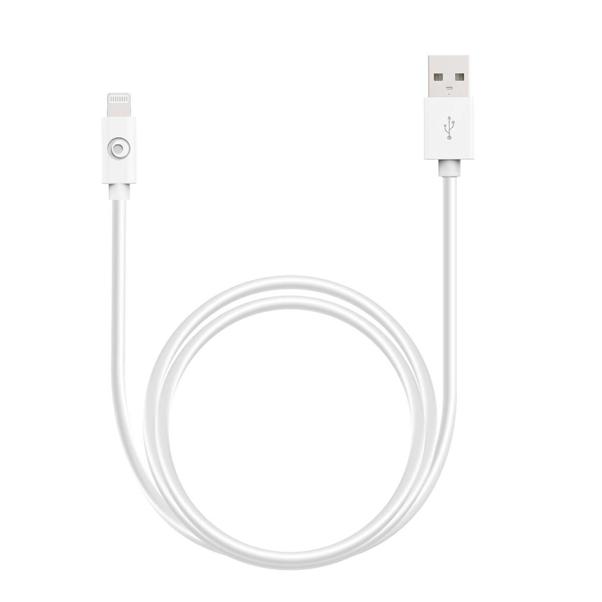 Un cavo di ricarica bianco con un connettore USB e un jack per cuffie.