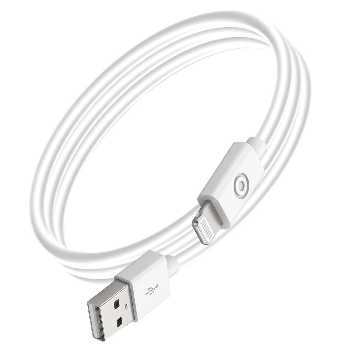 Un cavo USB bianco con un connettore USB-A e una presa Lightning su sfondo bianco.