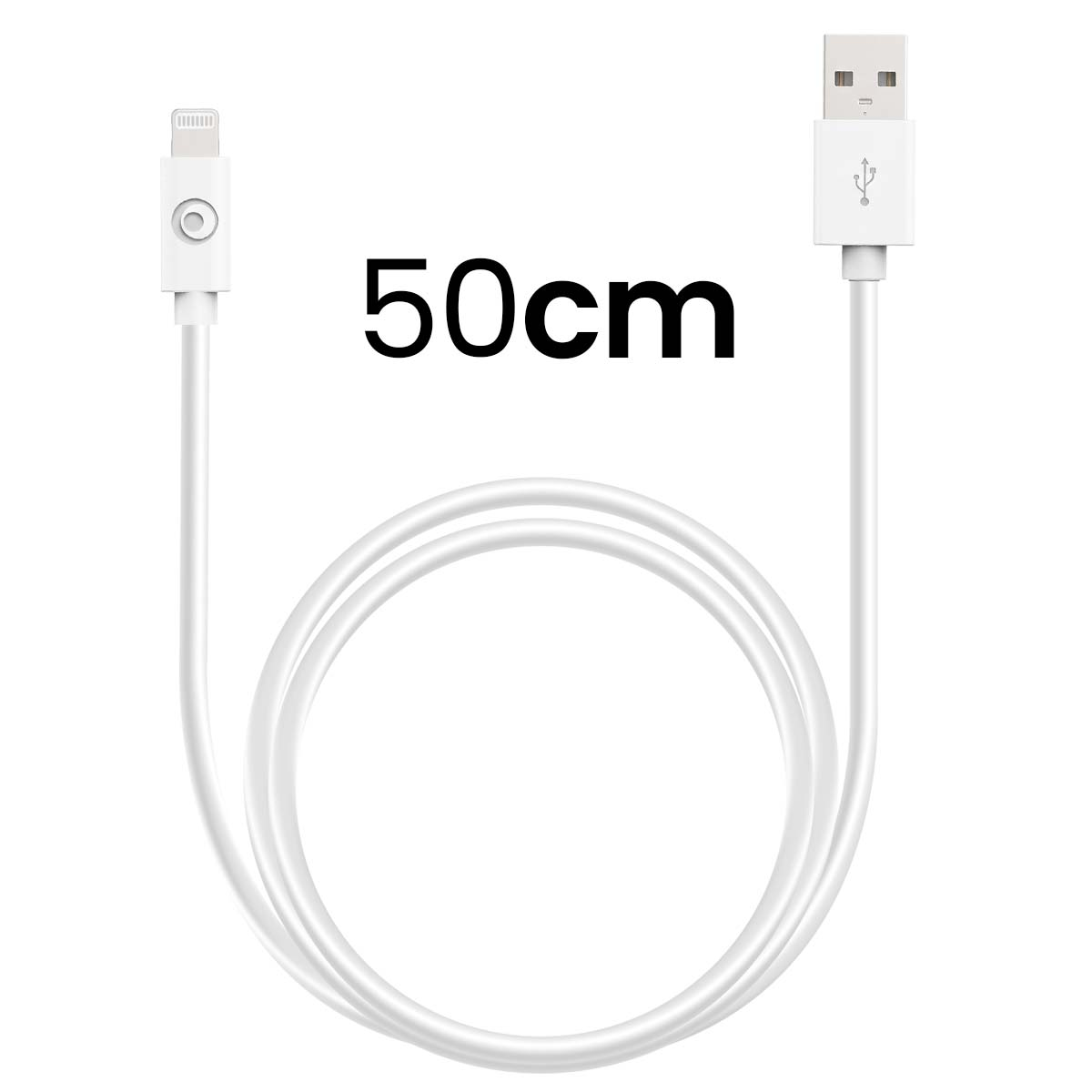 Un cavo di ricarica bianco da 50 cm con connettori USB e Lightning.