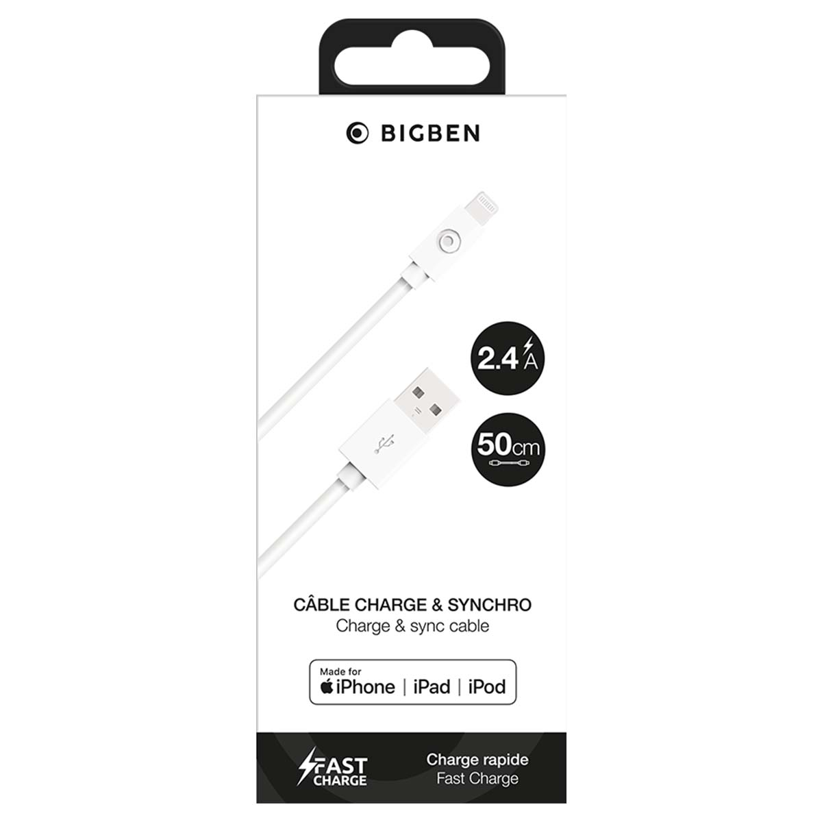 Confezione bianca per cavo di ricarica e sincronizzazione Bigben per dispositivi Apple.