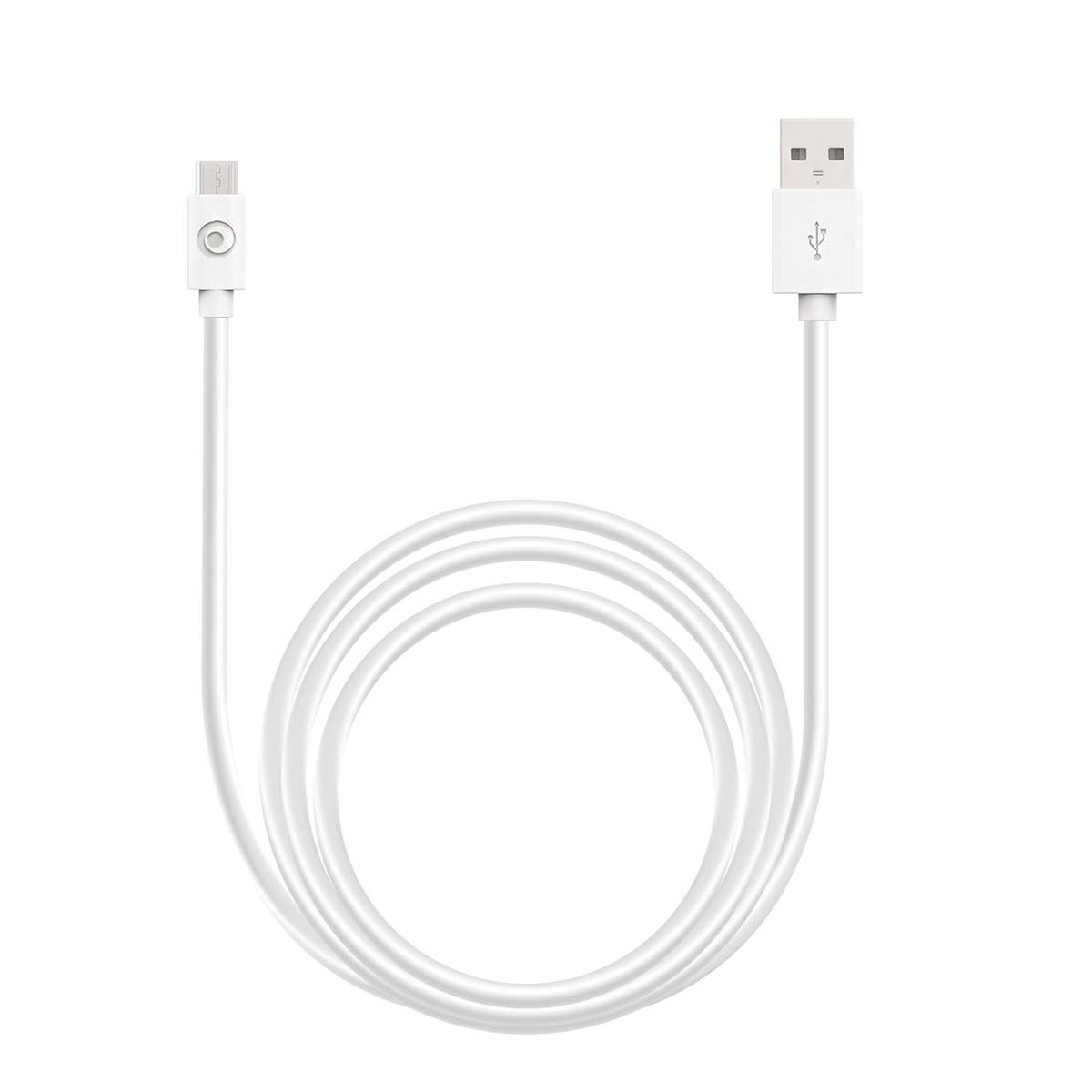 Un cavo USB bianco con un connettore micro-USB a sinistra e USB standard a destra, su sfondo bianco.