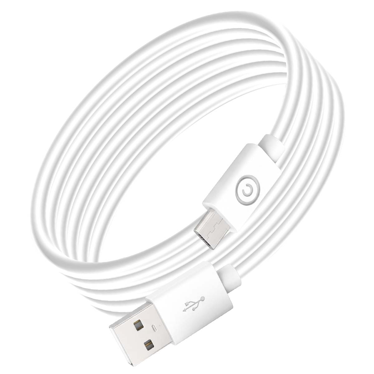 Un cavo di ricarica USB bianco arrotolato con connettori USB-A e micro-USB su sfondo bianco.