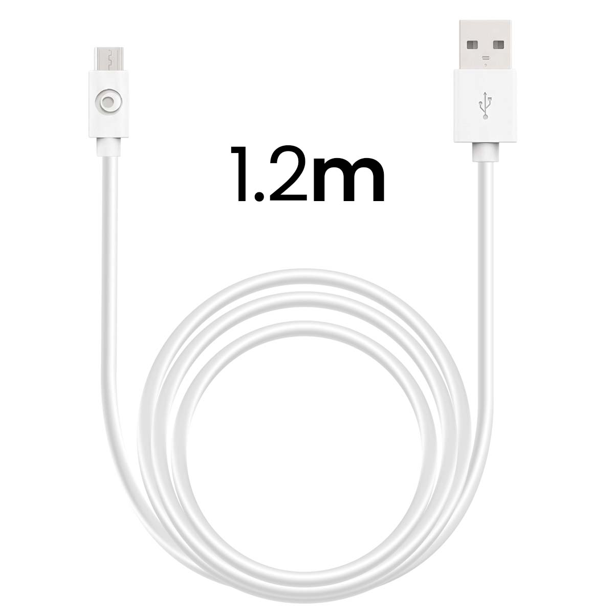 Un cavo USB bianco da 1,2 metri con connettori micro-USB e USB standard su sfondo bianco.