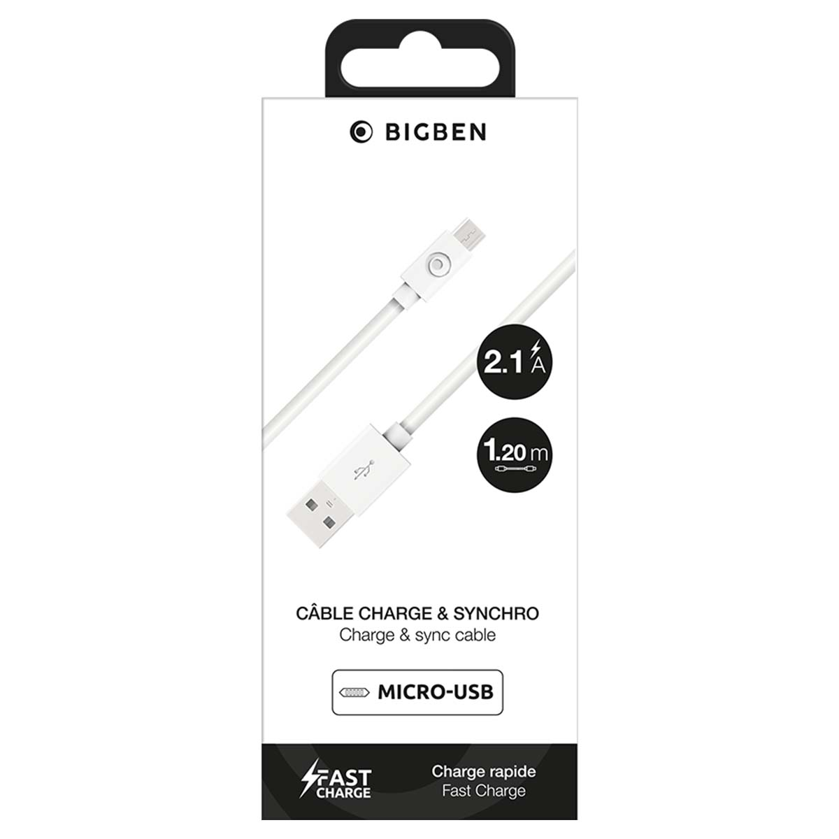 Confezione di un cavo di ricarica e sincronizzazione micro-USB bianco Bigben, 1,20 m, 2,1 A.
