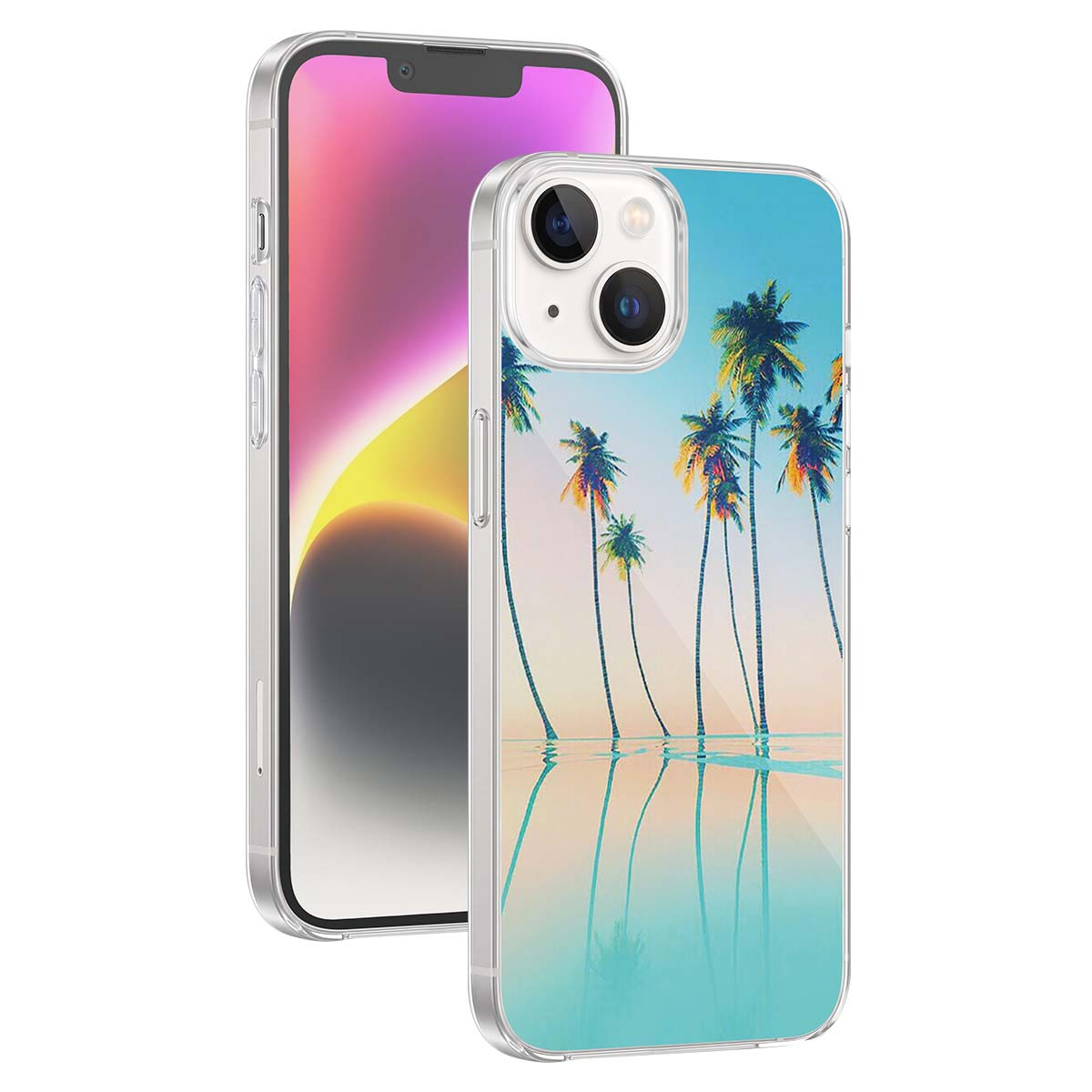 Cover per telefono con motivo di palme e riflesso nell'acqua, mostra fronte e retro.
