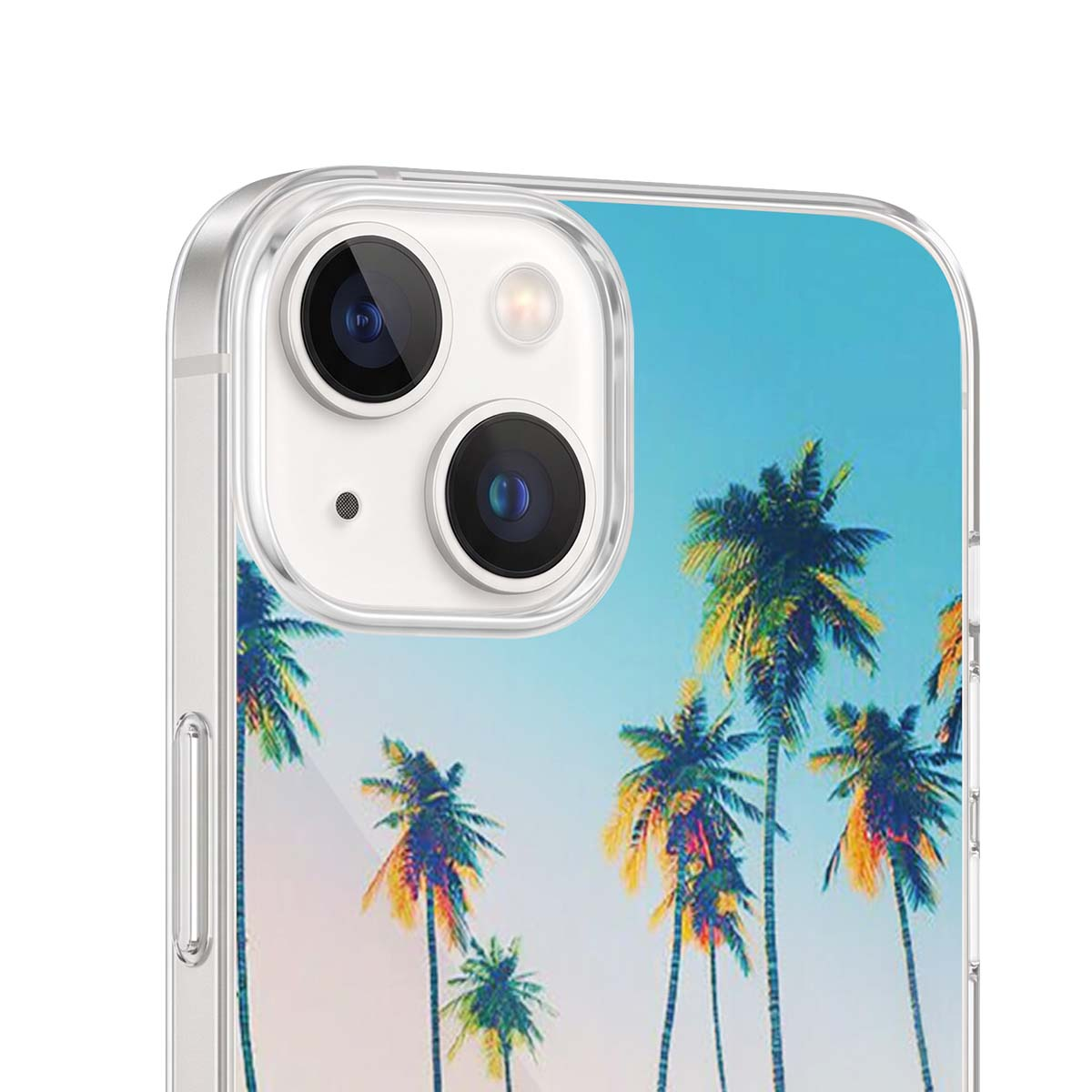 Cover trasparente per cellulare con design di palme tropicali e doppia fotocamera.