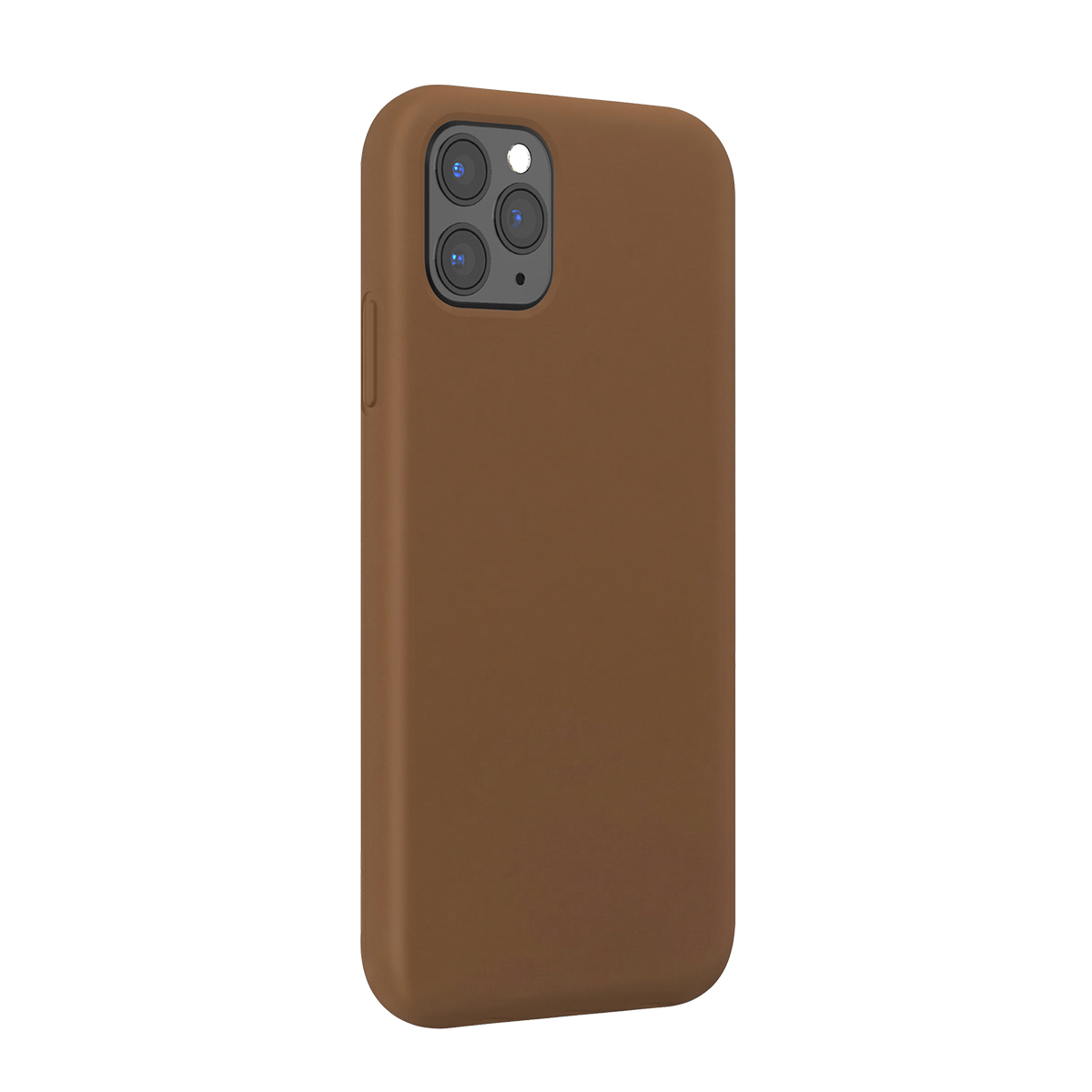 Una custodia in silicone marrone per smartphone con tripla fotocamera su sfondo bianco.
