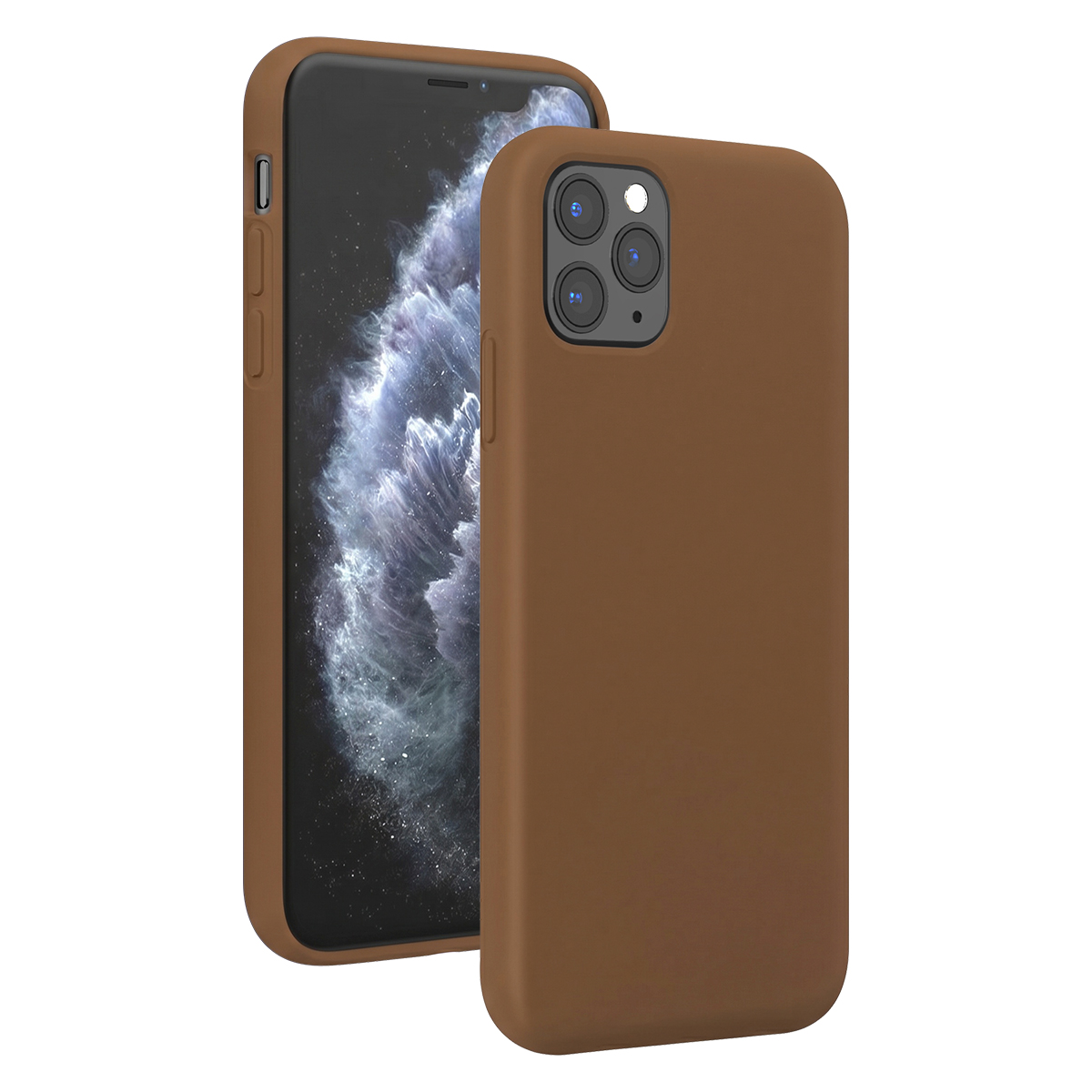 Due viste di uno smartphone in cover marrone, con schermo a tema nebulosa e tripla fotocamera posteriore.