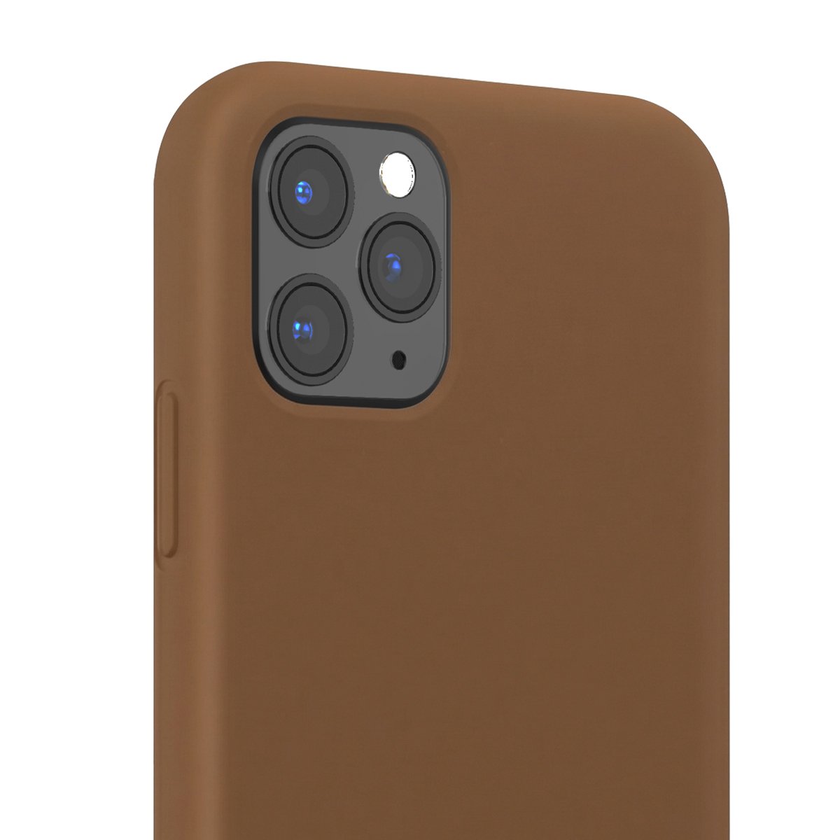 Retro di uno smartphone marrone con tripla fotocamera e flash nell'angolo in alto a sinistra.